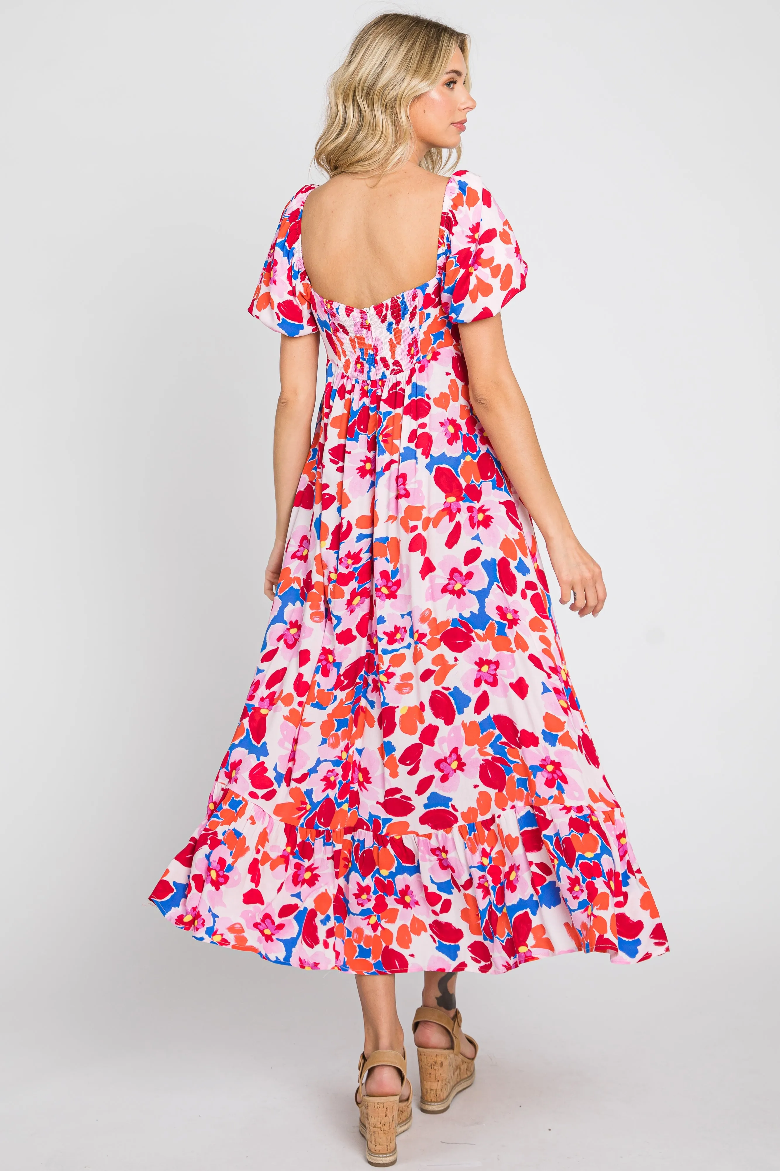 Fuchsia Floral Square Neck Short Puff Sleeve Midi Dress sold by Pinkblush product image thumbnail 3