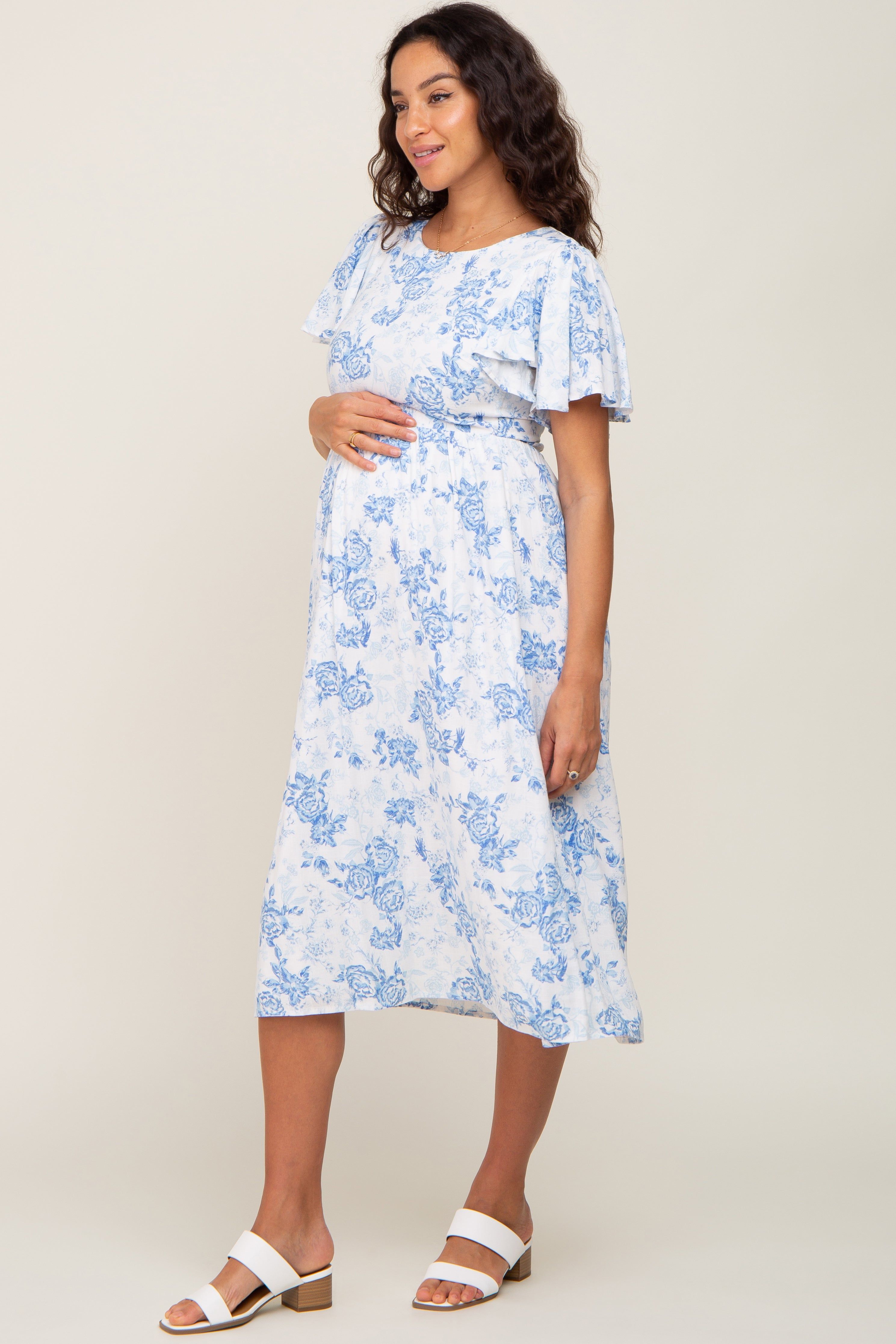 White Floral Short Flutter Sleeve Back Cutout Maternity Midi Dress sold by Pinkblush product image thumbnail 2