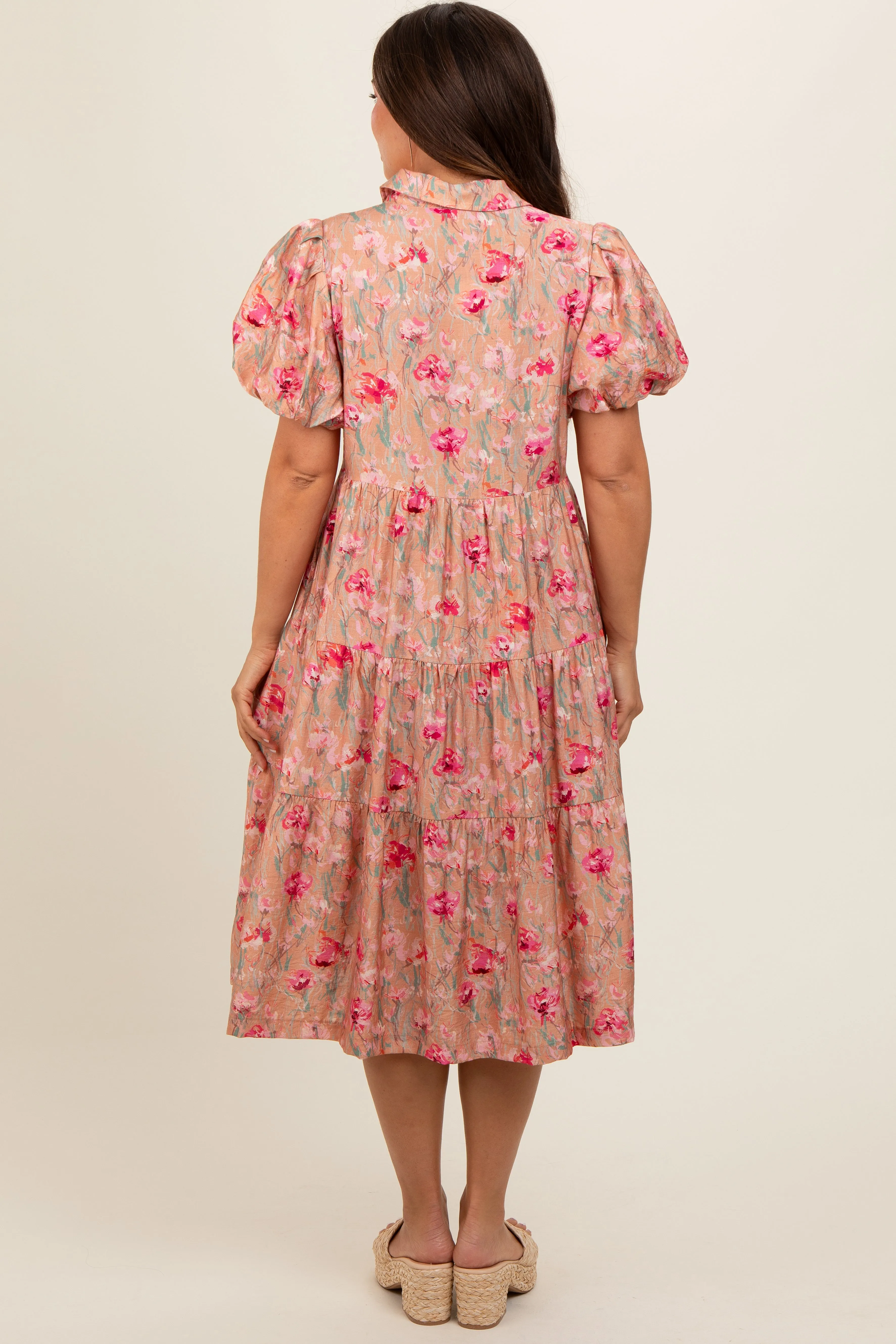 Peach Floral Button Down Tiered Maternity Midi Dress sold by Pinkblush product image thumbnail 3