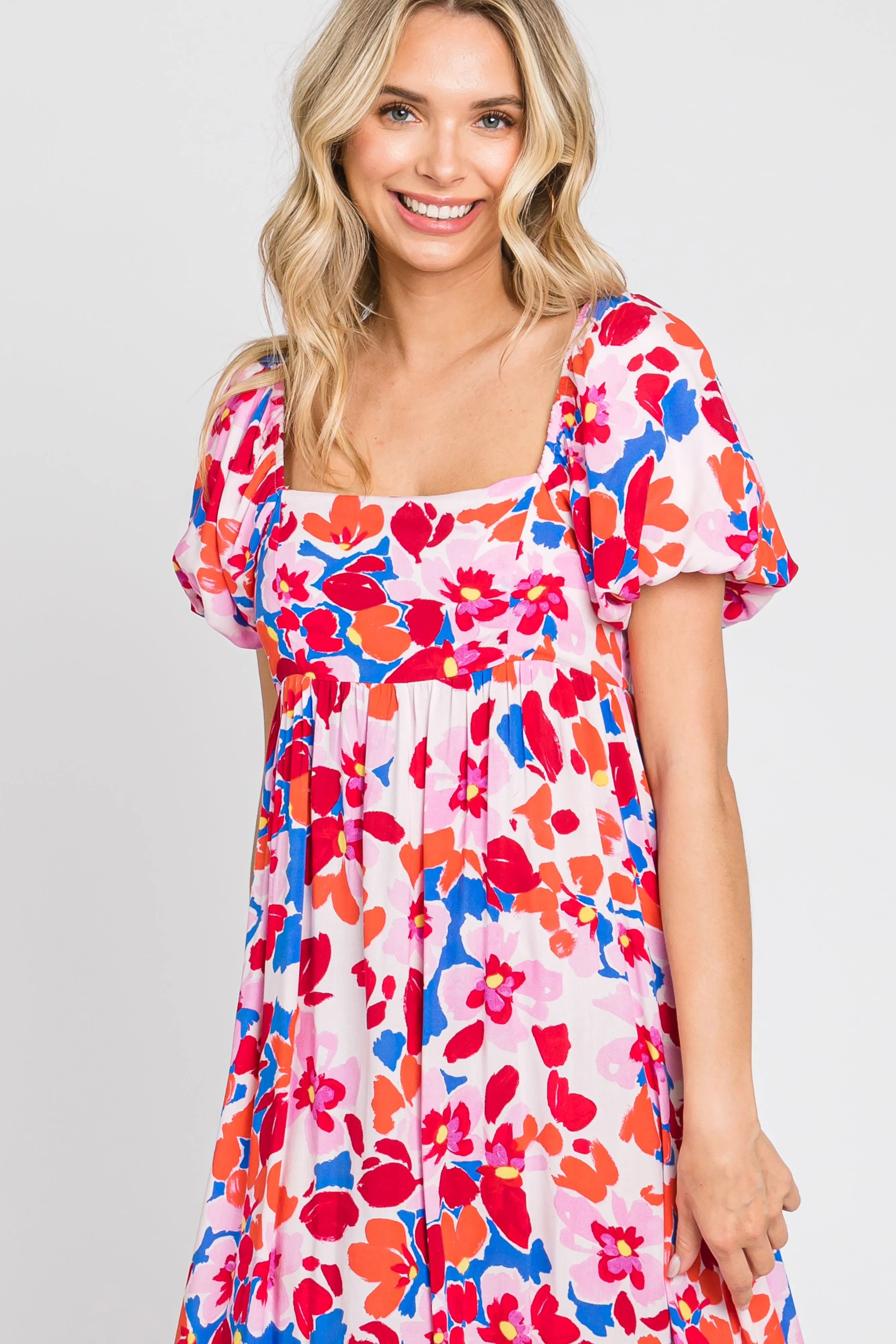 Fuchsia Floral Square Neck Short Puff Sleeve Midi Dress sold by Pinkblush product image thumbnail 4