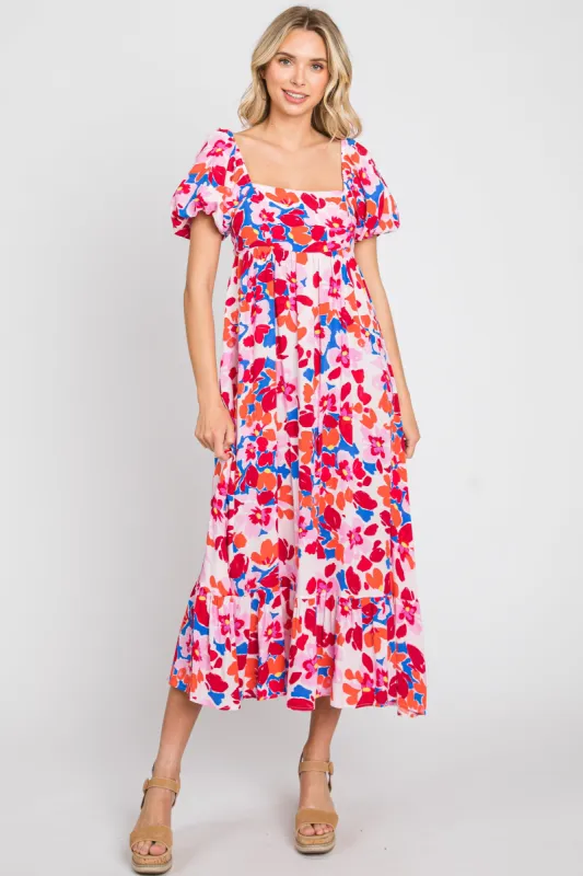 Fuchsia Floral Square Neck Short Puff Sleeve Midi Dress sold by Pinkblush