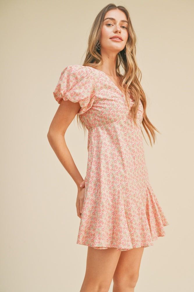 Pink Coral Floral Puff Sleeve Flared Mini Dress sold by Pinkblush product image thumbnail 2
