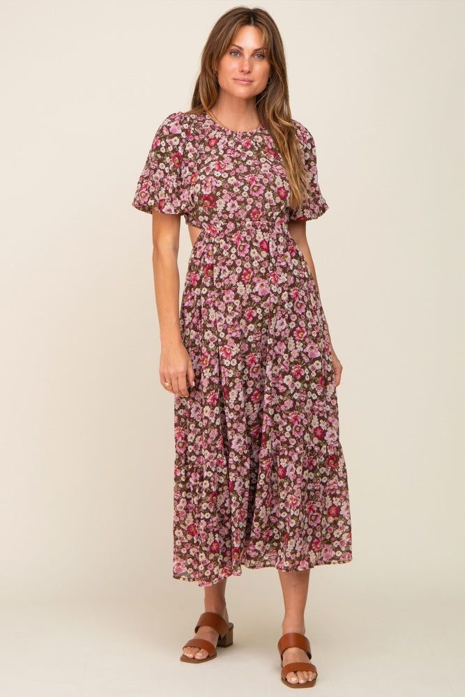 Brown Floral Chiffon Back Cutout Short Puff Sleeve Maternity Midi Dress sold by Pinkblush product image thumbnail 5