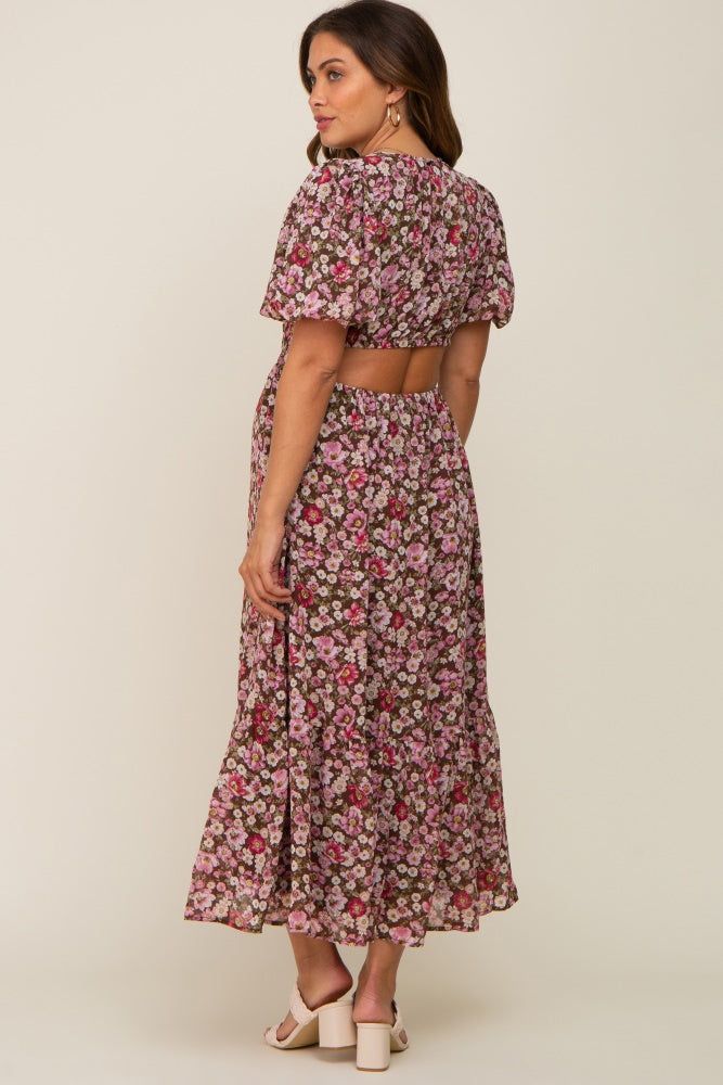Brown Floral Chiffon Back Cutout Short Puff Sleeve Maternity Midi Dress sold by Pinkblush product image thumbnail 2