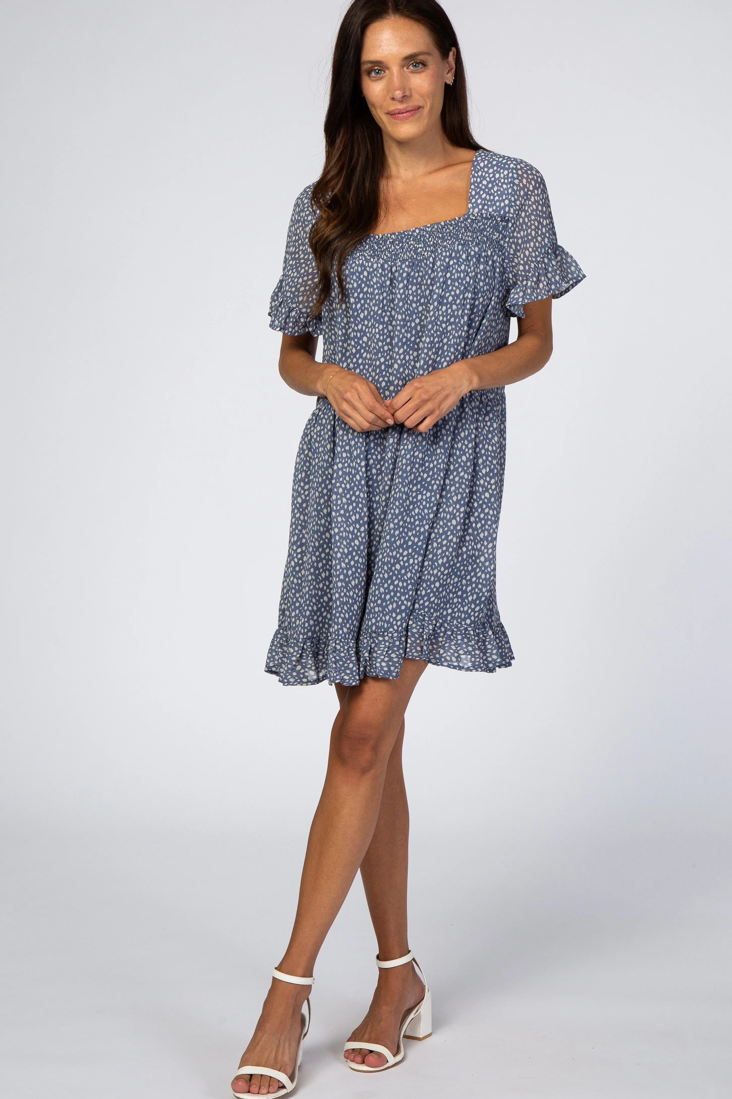 Blue Printed Chiffon Square Neck Ruffle Trim Maternity Dress sold by Pinkblush product image thumbnail 5