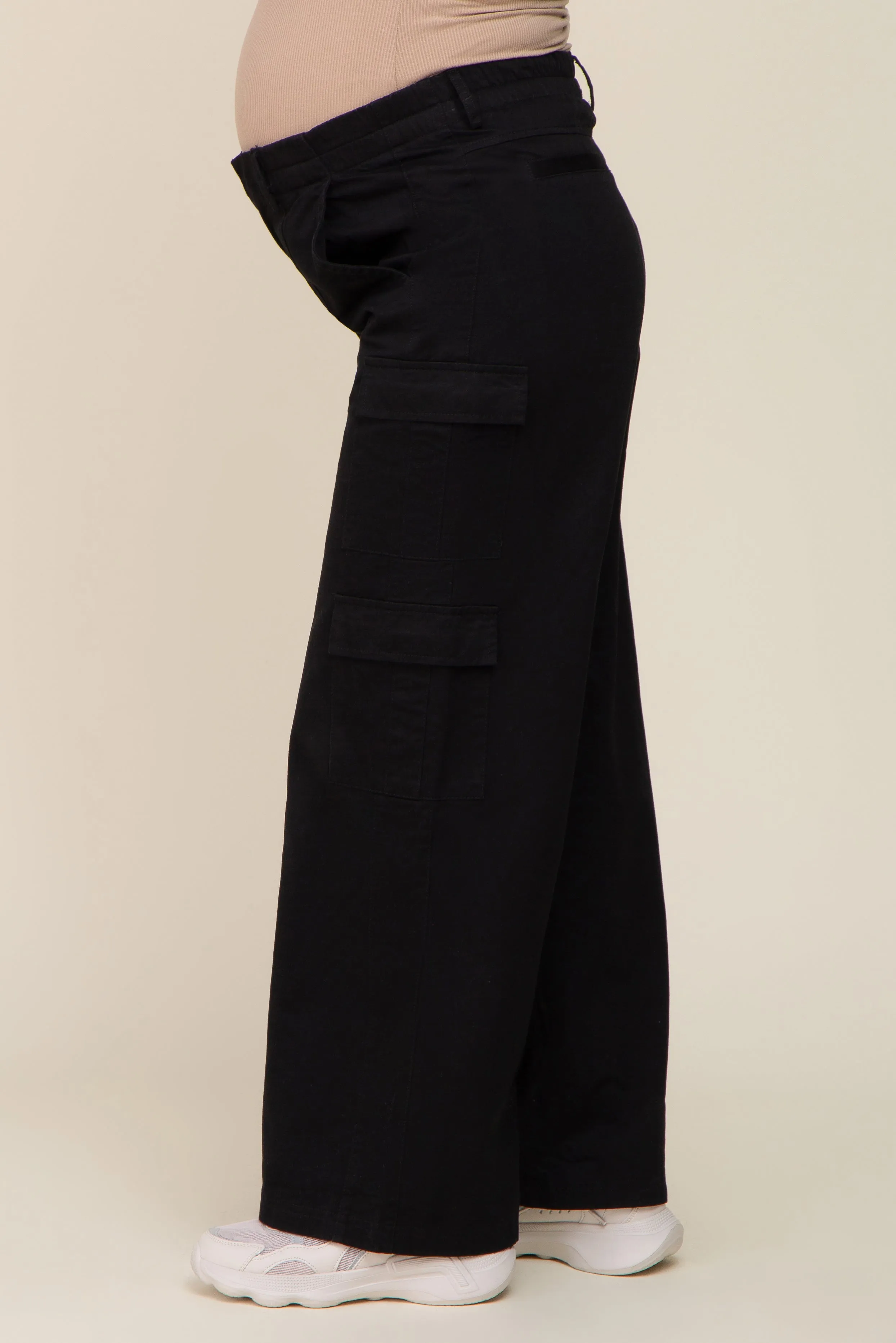 Black Maternity Double Pocket Wide Leg Cargo Pants sold by Pinkblush product image thumbnail 3