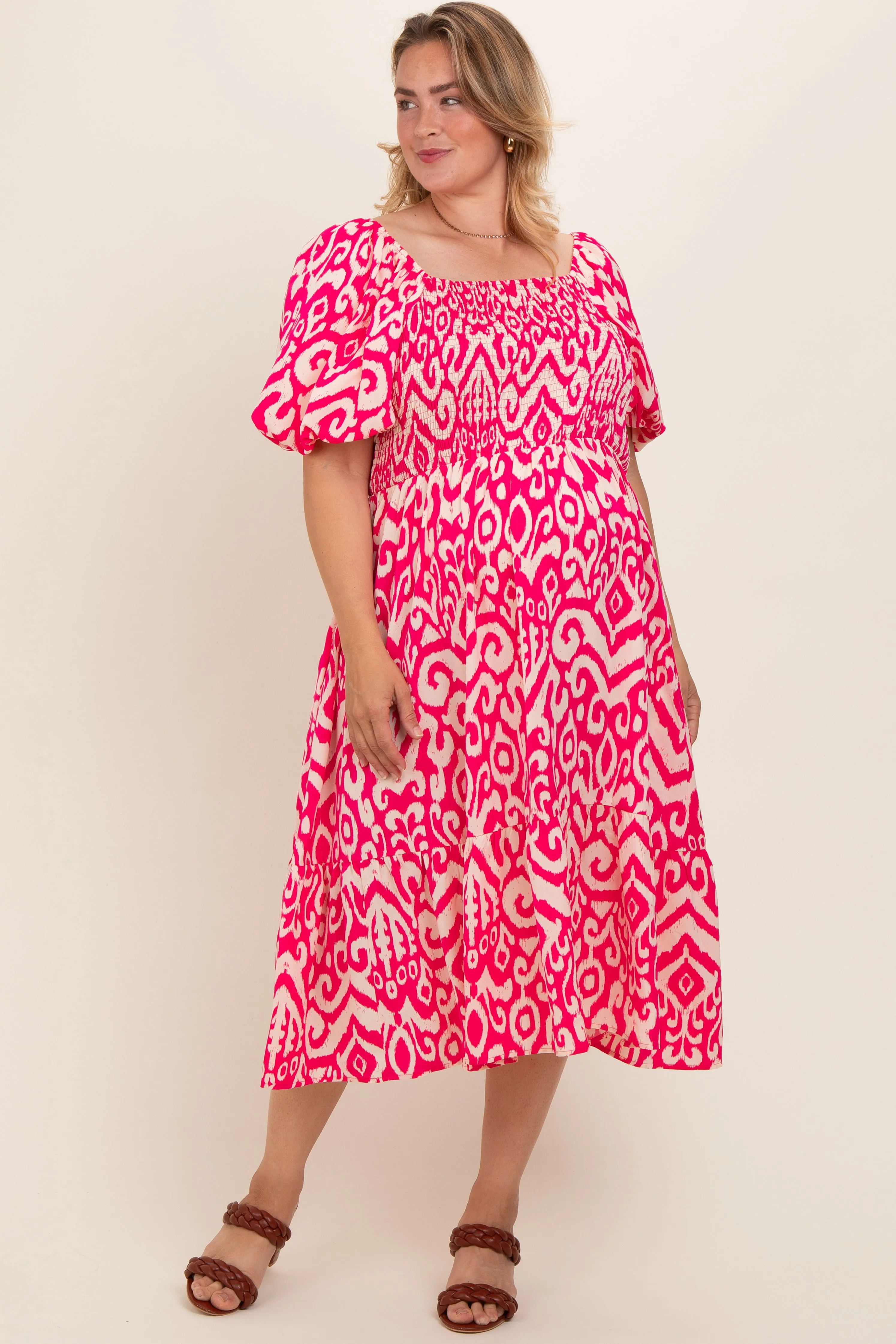 Fuchsia Printed Smocked Puff Sleeve Plus Maternity Midi Dress sold by Pinkblush