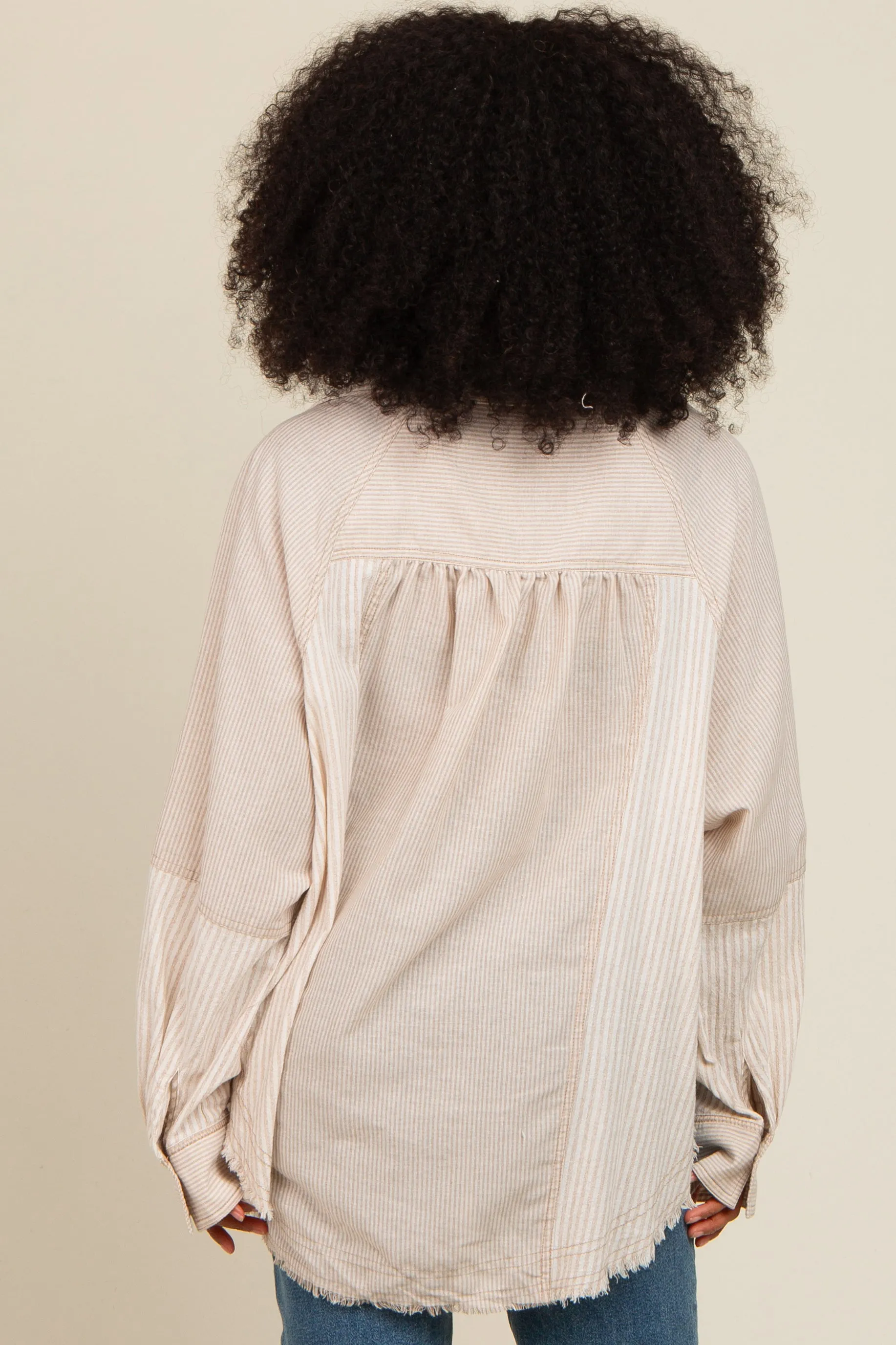 Beige Striped Button Down Oversized Long Sleeve Top sold by Pinkblush product image thumbnail 4