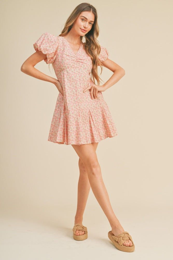 Pink Coral Floral Puff Sleeve Flared Mini Dress sold by Pinkblush product image thumbnail 4