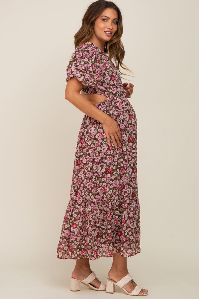 Brown Floral Chiffon Back Cutout Short Puff Sleeve Maternity Midi Dress sold by Pinkblush product image thumbnail 3