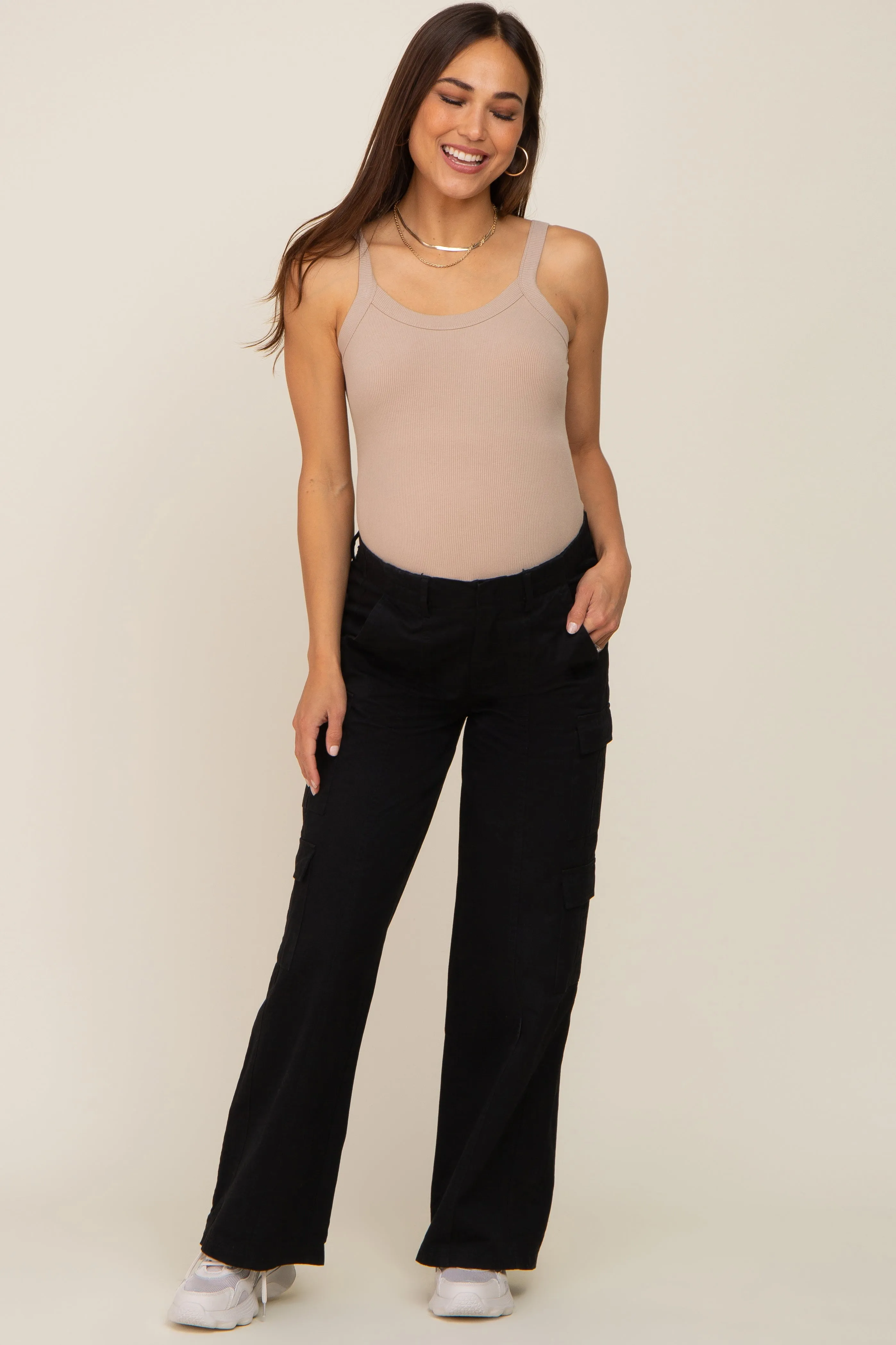 Black Maternity Double Pocket Wide Leg Cargo Pants sold by Pinkblush