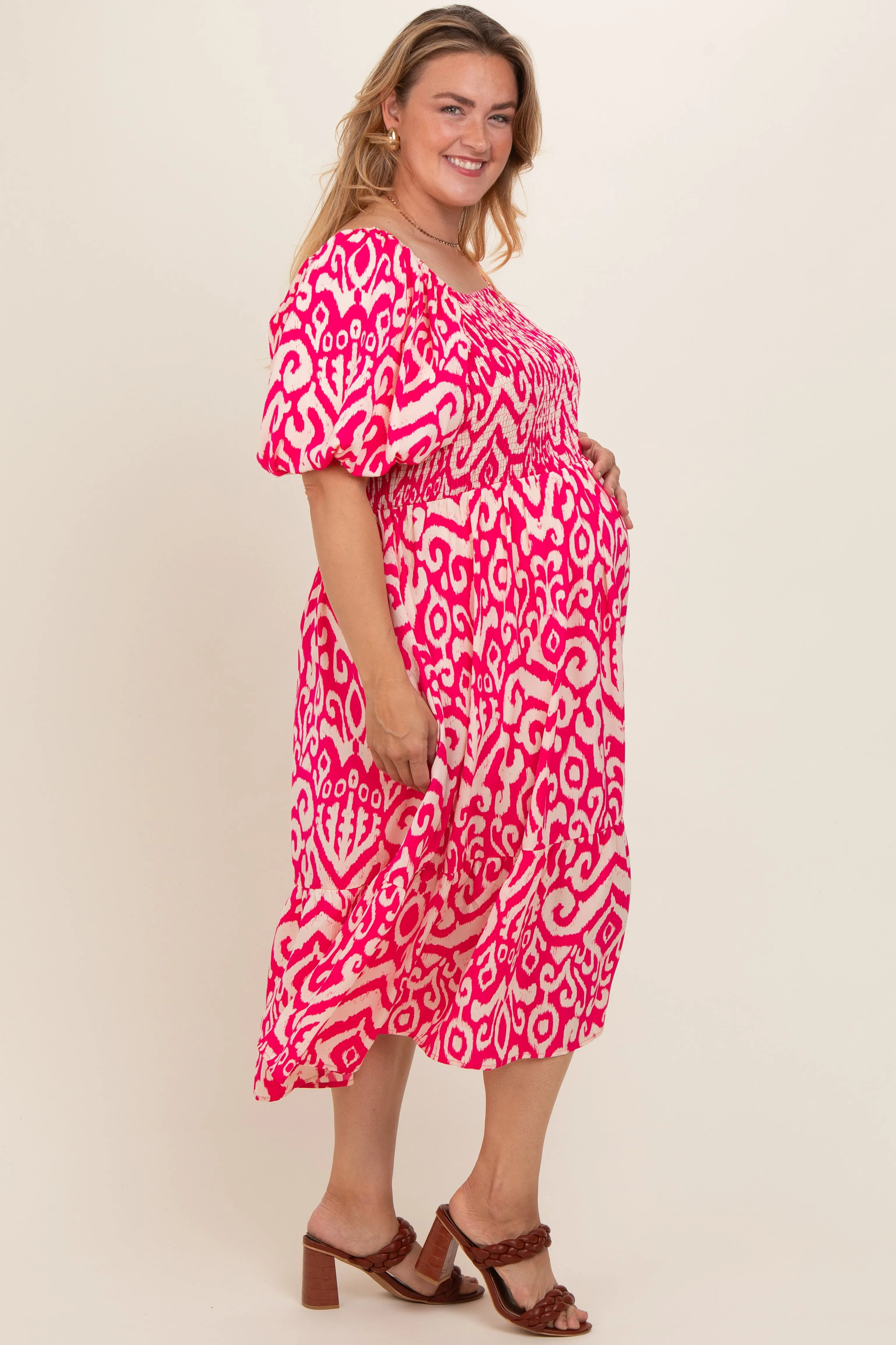 Fuchsia Printed Smocked Puff Sleeve Plus Maternity Midi Dress sold by Pinkblush product image thumbnail 2