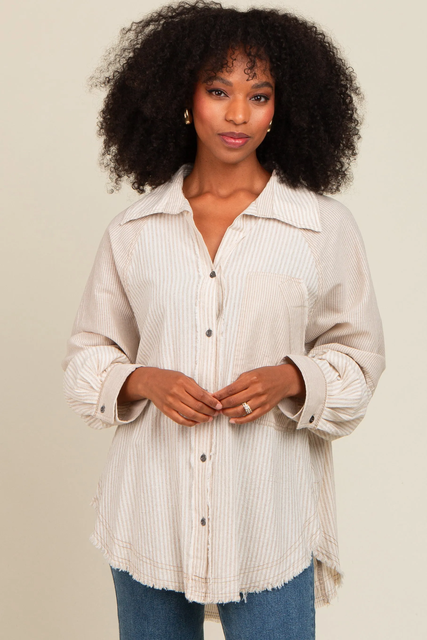 Beige Striped Button Down Oversized Long Sleeve Top sold by Pinkblush product image thumbnail 2