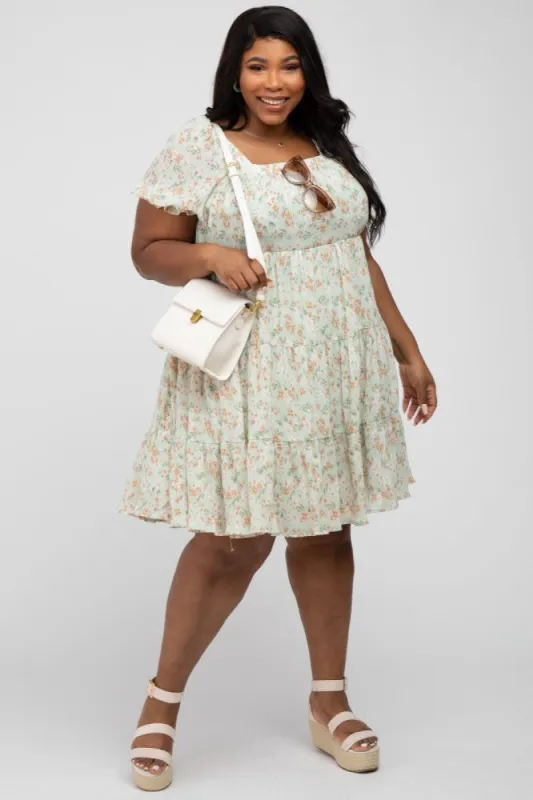 Mint Floral Pleated Square Neck Plus Dress sold by Pinkblush