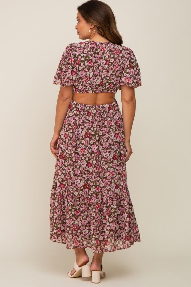 Brown Floral Chiffon Back Cutout Short Puff Sleeve Maternity Midi Dress sold by Pinkblush product image thumbnail 4
