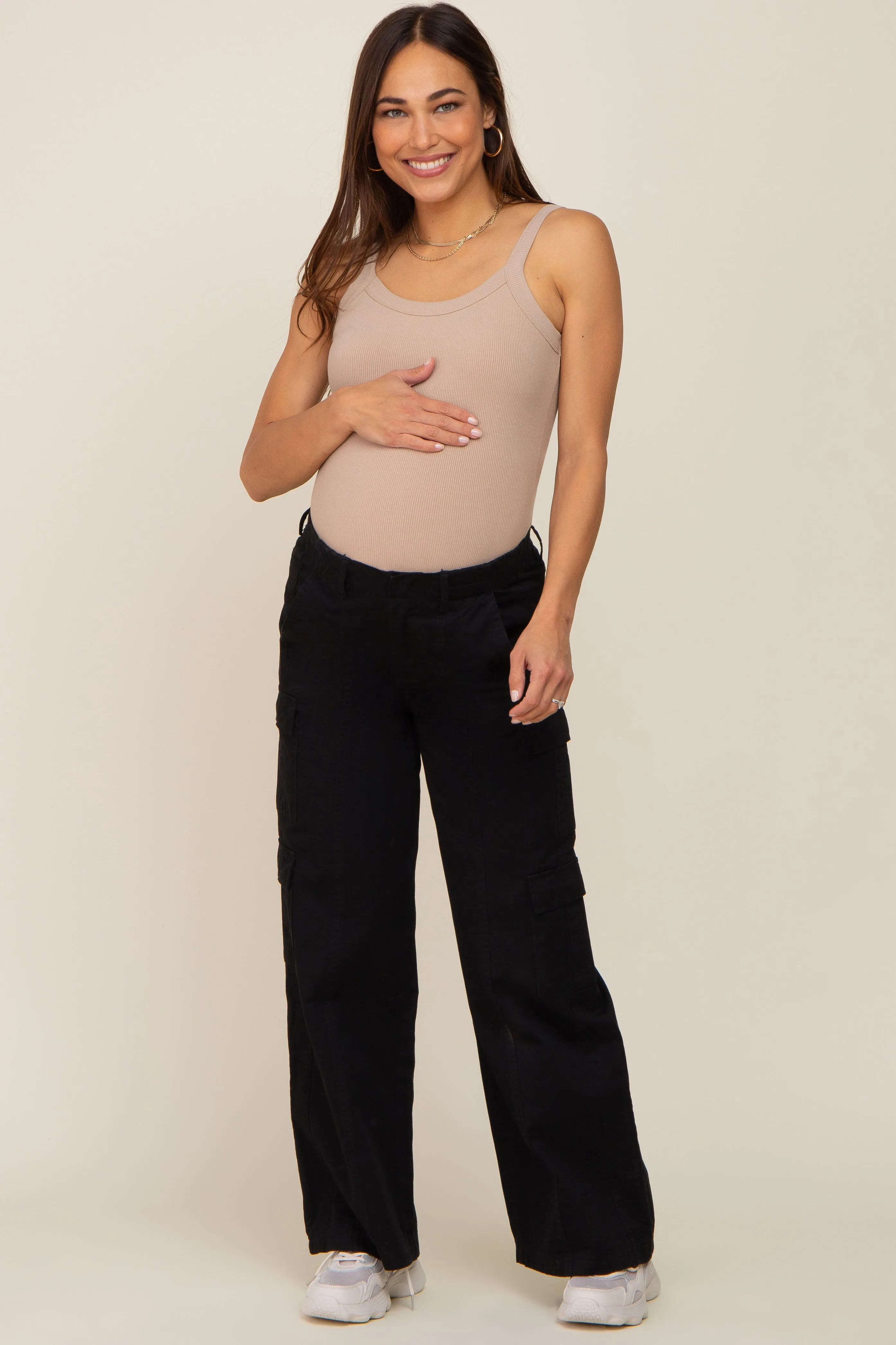 Black Maternity Double Pocket Wide Leg Cargo Pants sold by Pinkblush product image thumbnail 5