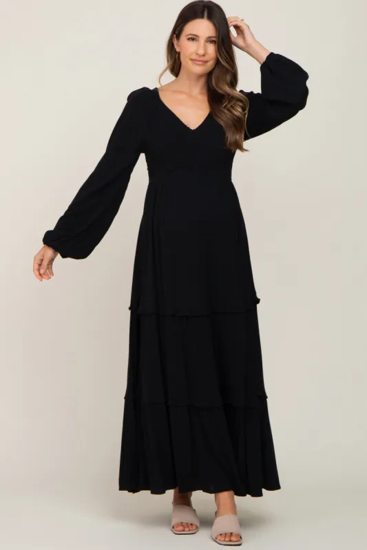 Black Smocked Tiered Maternity Midi Dress sold by Pinkblush