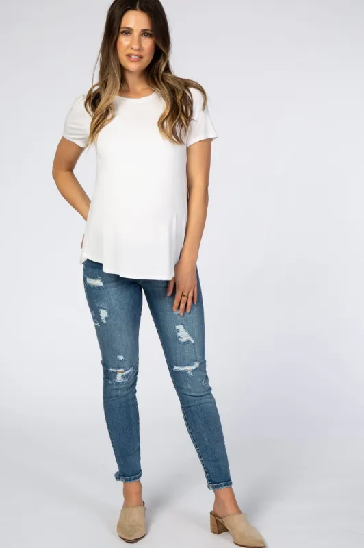 Blue Distressed Maternity Skinny Jeans sold by Pinkblush