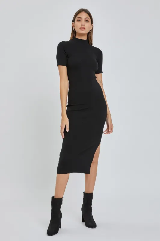 Black Knit Fitted Mock Neck Midi Dress sold by Pinkblush