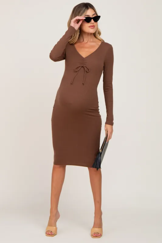 Brown Ribbed Front Drawstring Maternity Midi Dress sold by Pinkblush