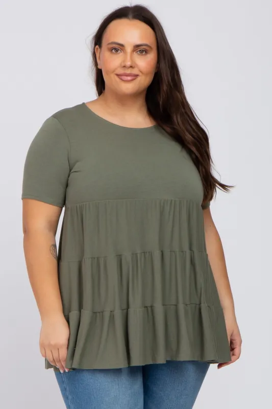 Olive Tiered Plus Short Sleeve Top sold by Pinkblush