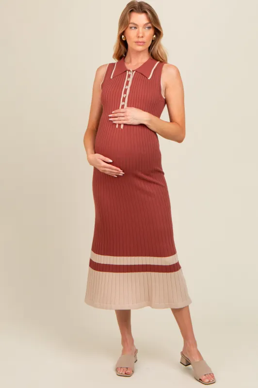 Rust Knit Button Front Contrast Border Maternity Midi Dress made by entro