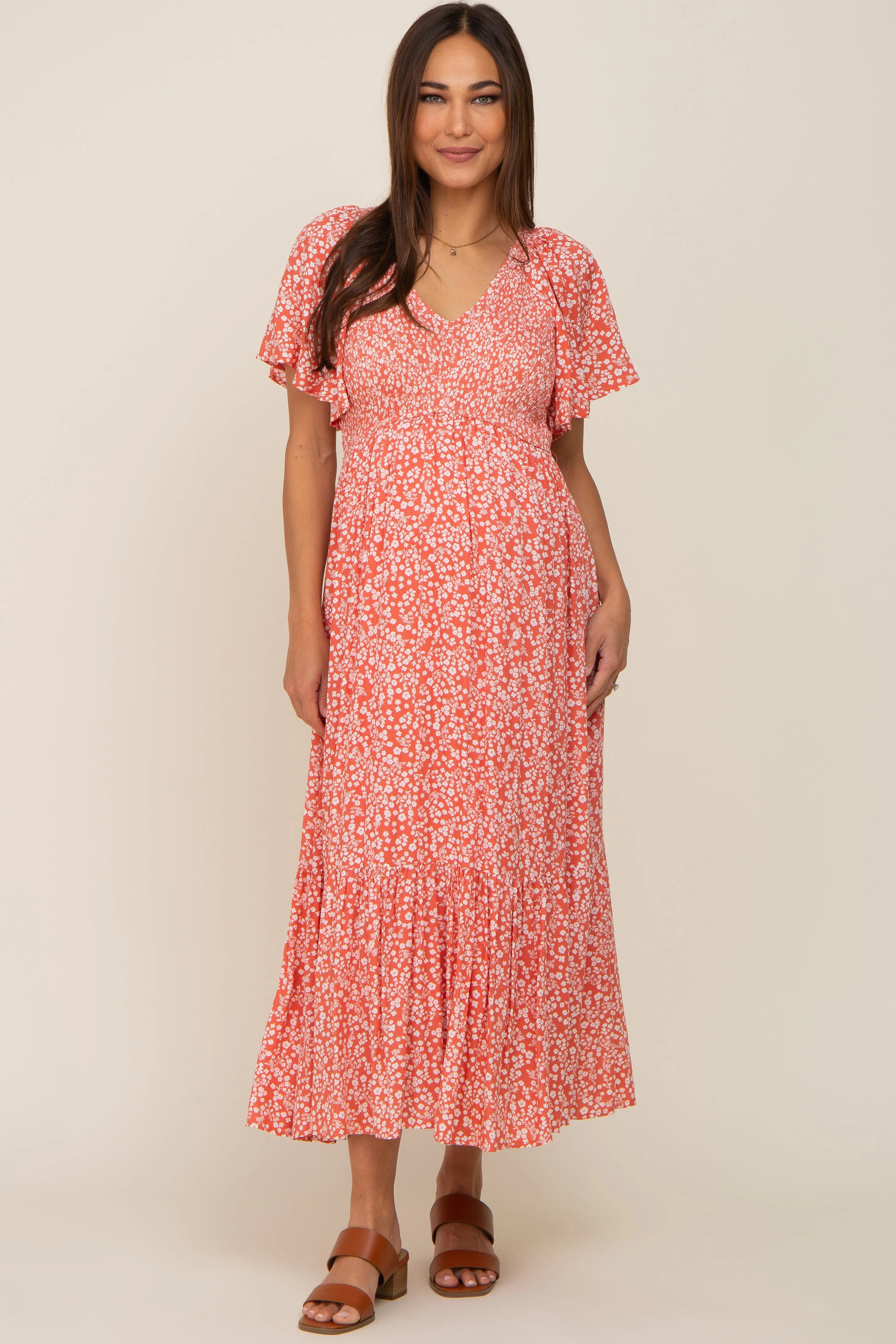 Coral Floral Smocked V-Neck Flutter Short Sleeve Maternity Midi Dress sold by Pinkblush product image thumbnail 4
