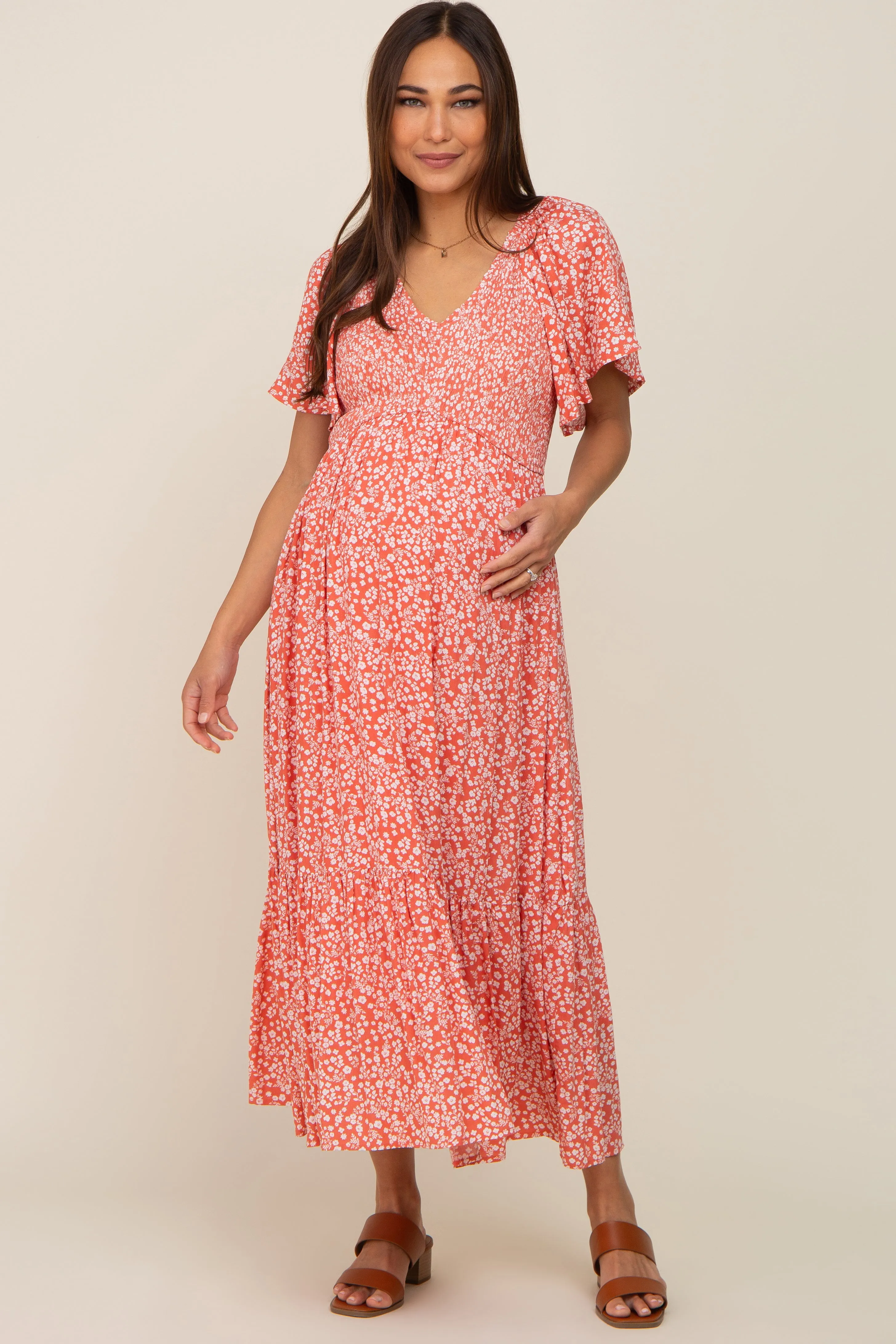 Coral Floral Smocked V-Neck Flutter Short Sleeve Maternity Midi Dress sold by Pinkblush