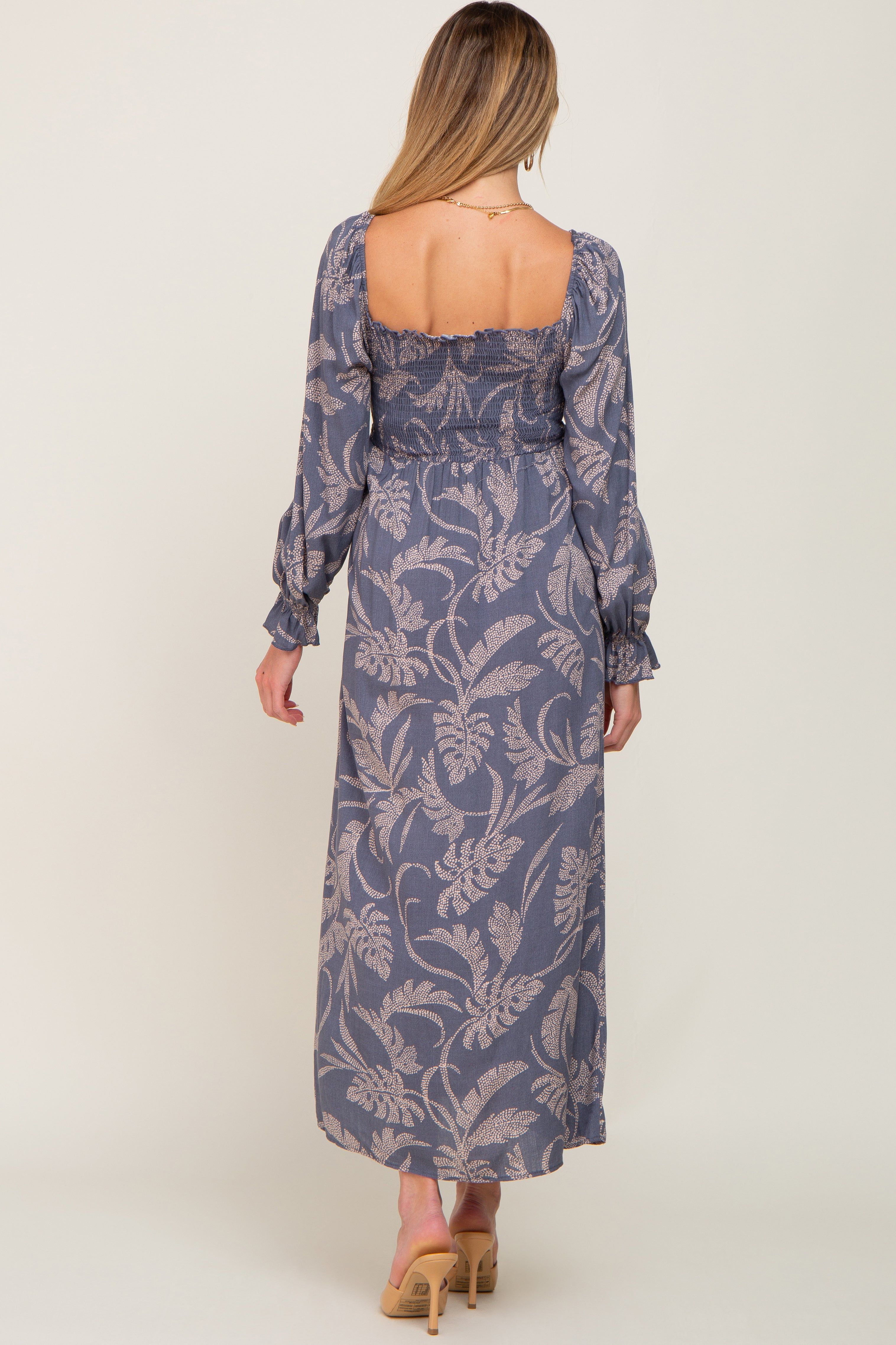 Blue Leaf Print Smocked Maternity Maxi Dress sold by Pinkblush product image thumbnail 3