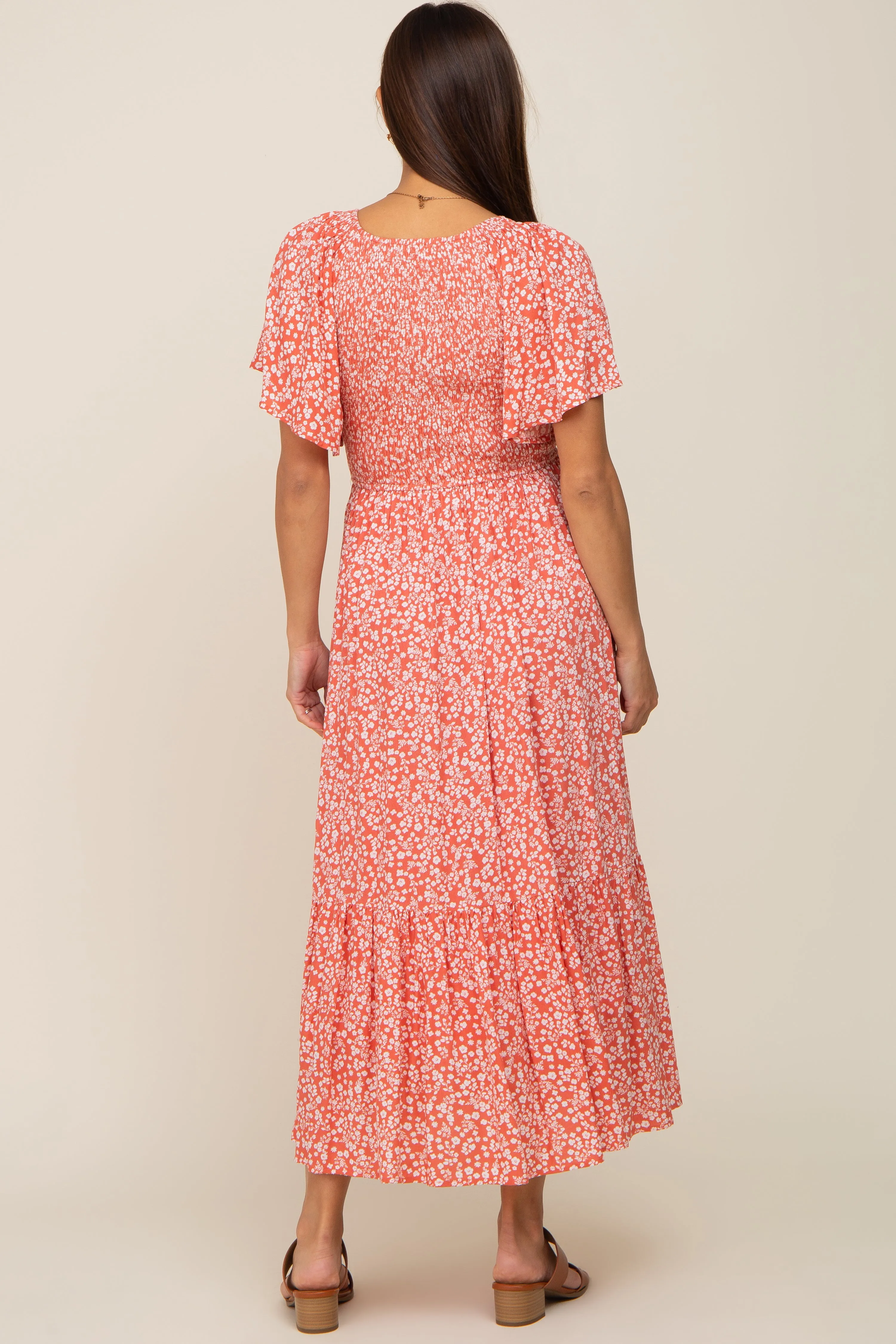 Coral Floral Smocked V-Neck Flutter Short Sleeve Maternity Midi Dress sold by Pinkblush product image thumbnail 3