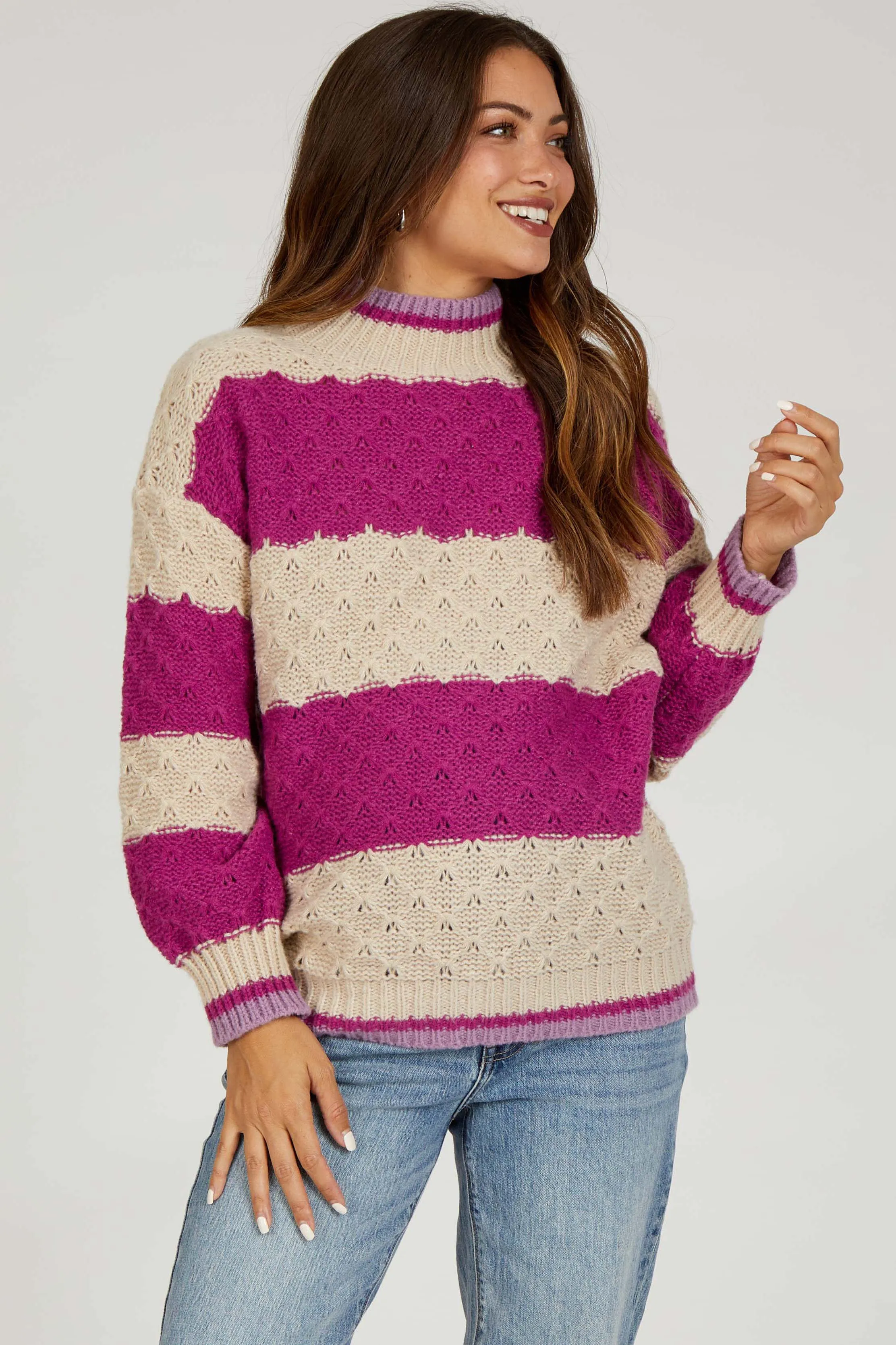 Magenta Striped Mock Neck Maternity Sweater sold by Pinkblush