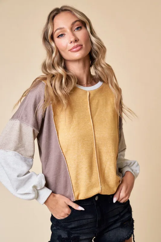 Mustard Taupe Color Block Sweatshirt sold by Pinkblush