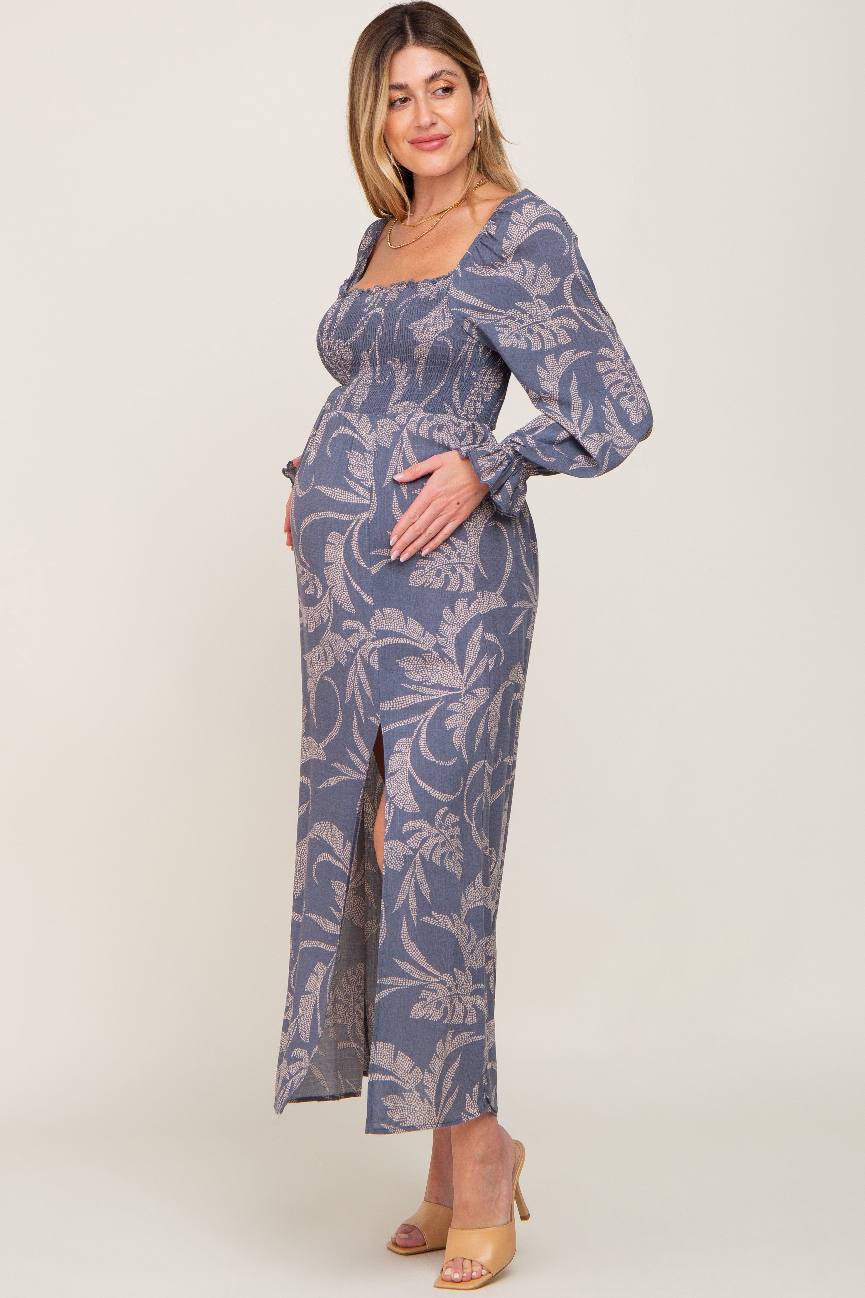 Blue Leaf Print Smocked Maternity Maxi Dress sold by Pinkblush product image thumbnail 2