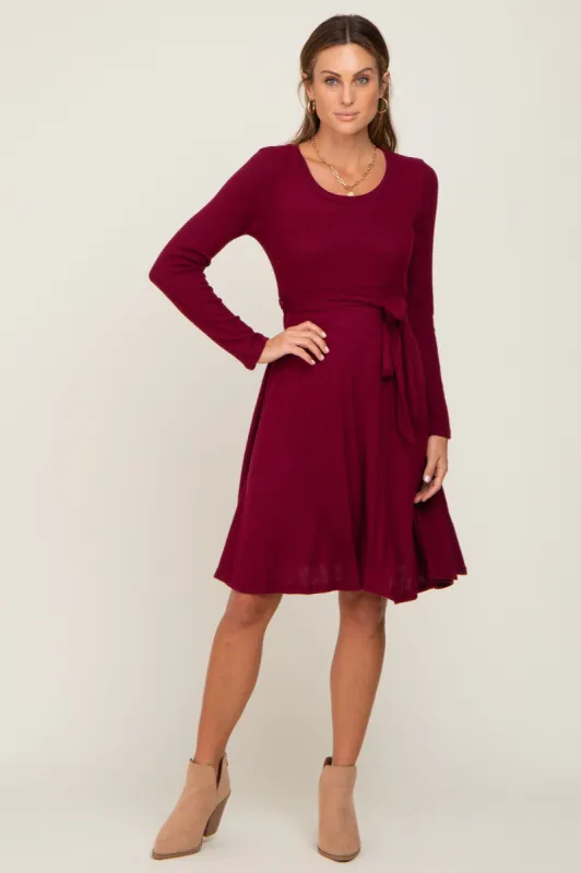Burgundy Soft Rib Knit Sash Tie Dress sold by Pinkblush