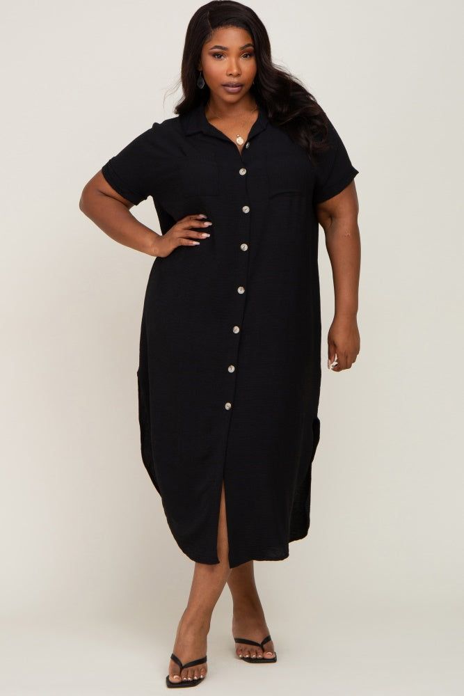 Black Button Down Hi Low Plus Maxi Dress sold by Pinkblush