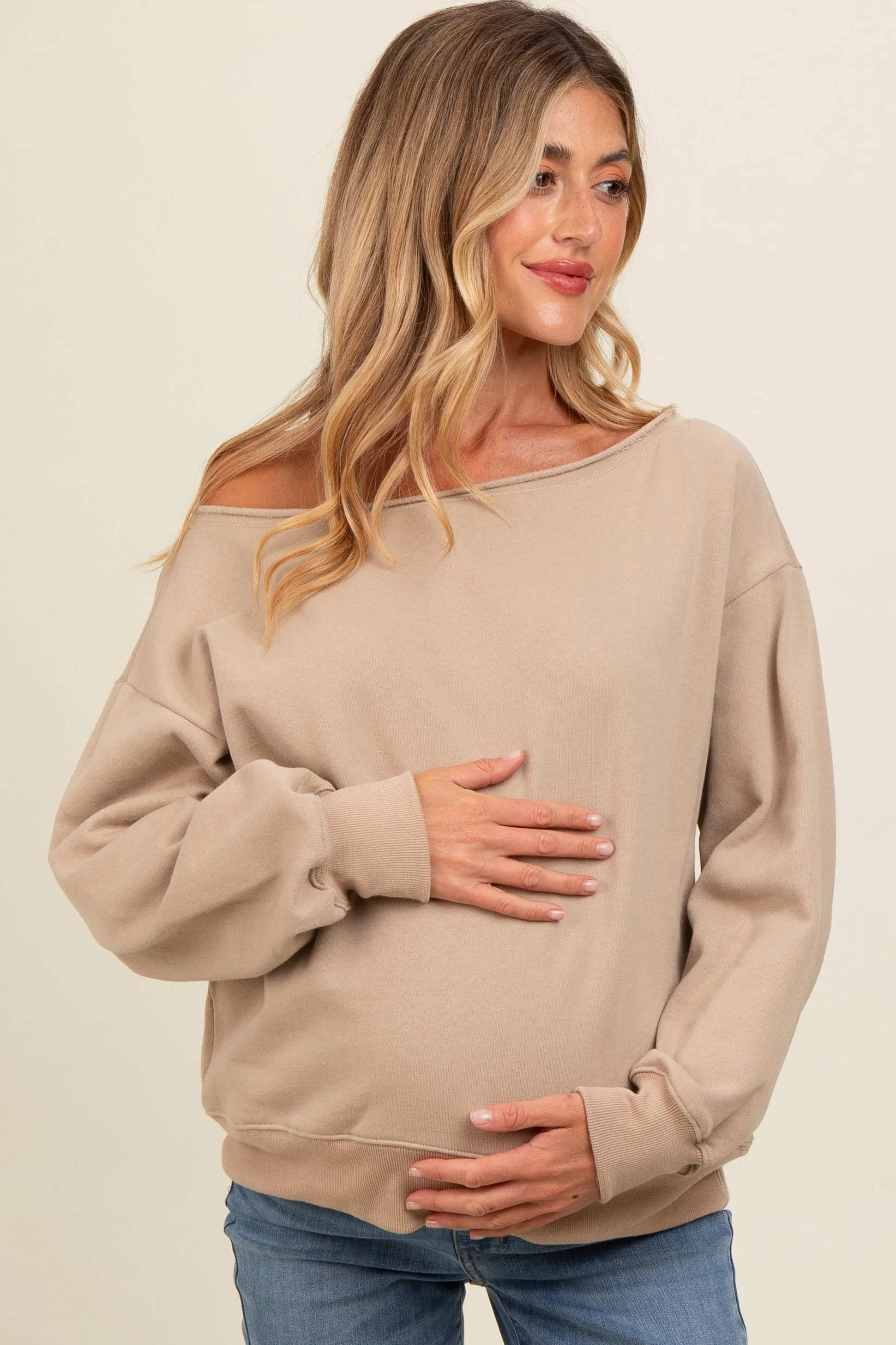 Taupe One Shoulder Maternity Sweatshirt sold by Pinkblush product image thumbnail 2