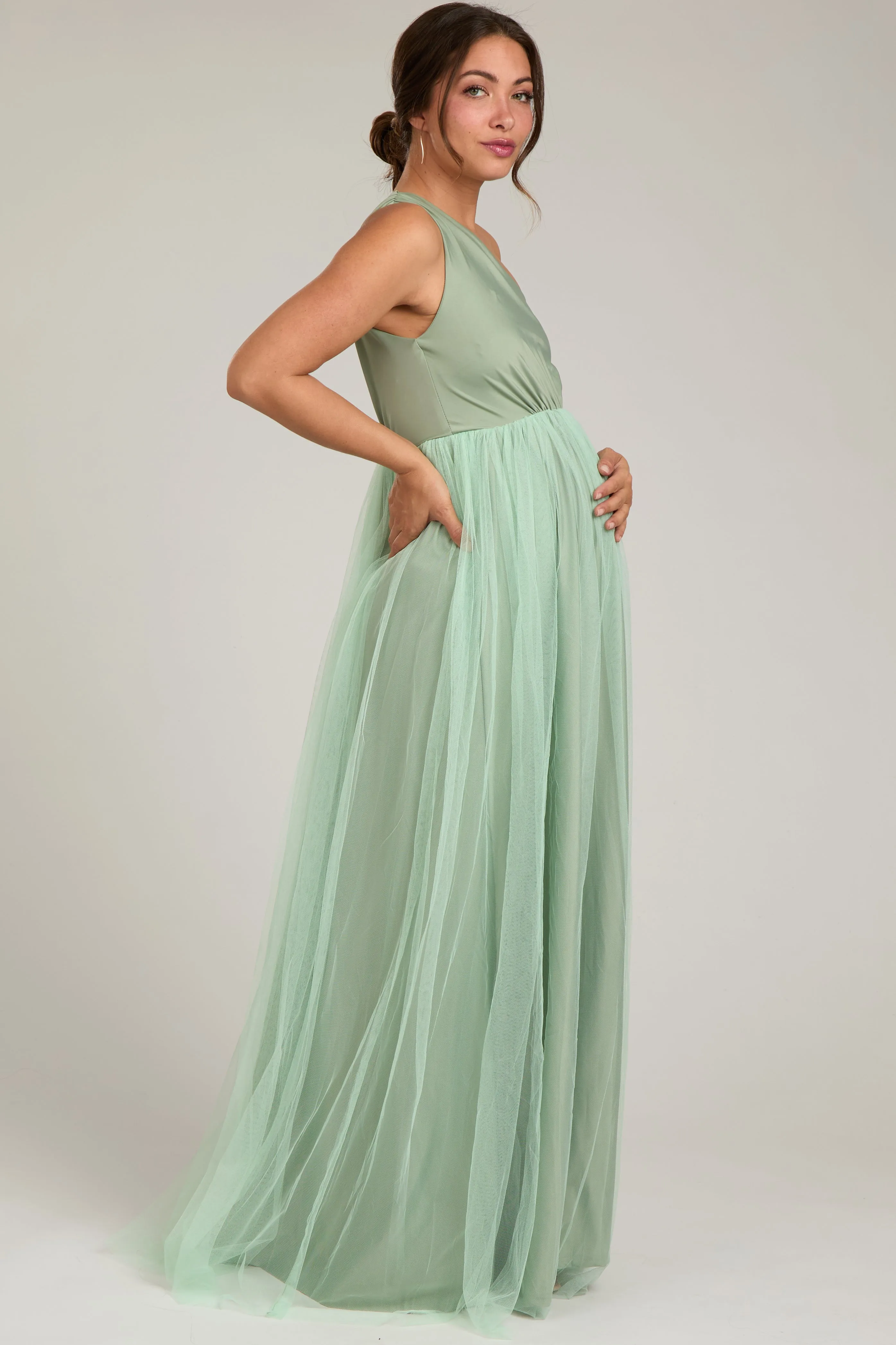 Light Olive One Shoulder Tulle Maternity Maxi Dress sold by Pinkblush product image thumbnail 2