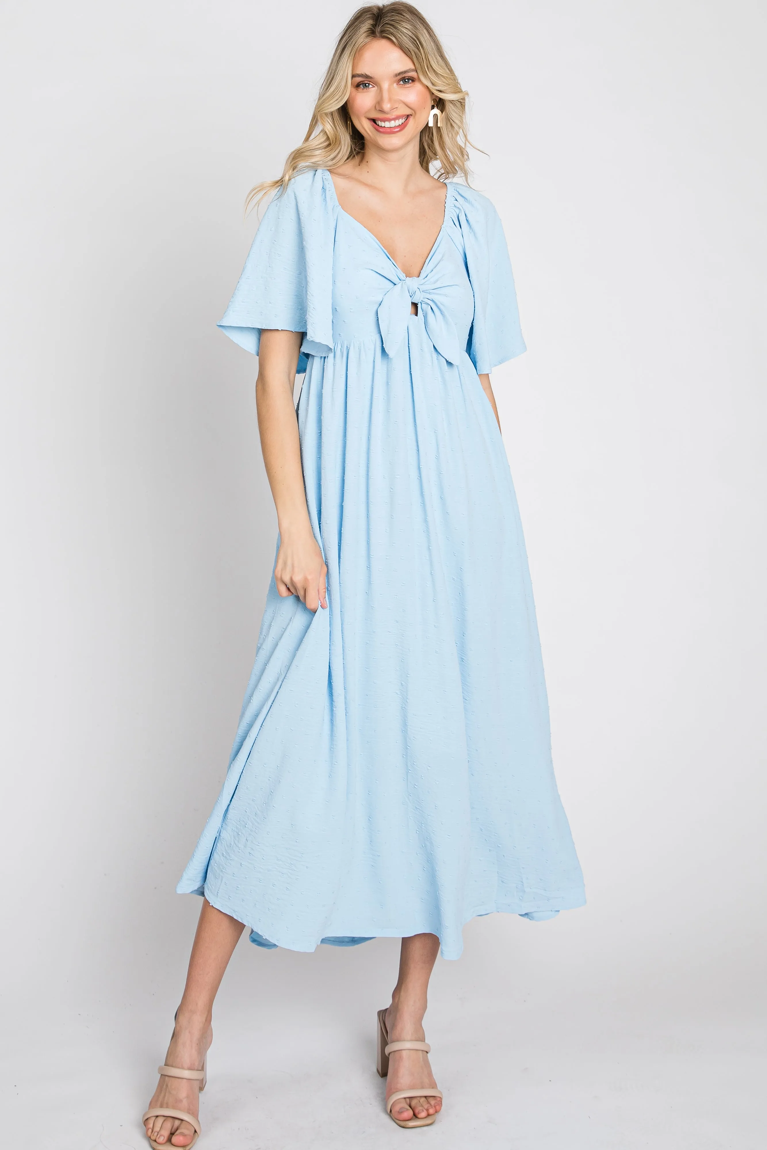 Light Blue Textured Dot Front Tie Ruffle Sleeve Maternity Midi Dress sold by Pinkblush product image thumbnail 4