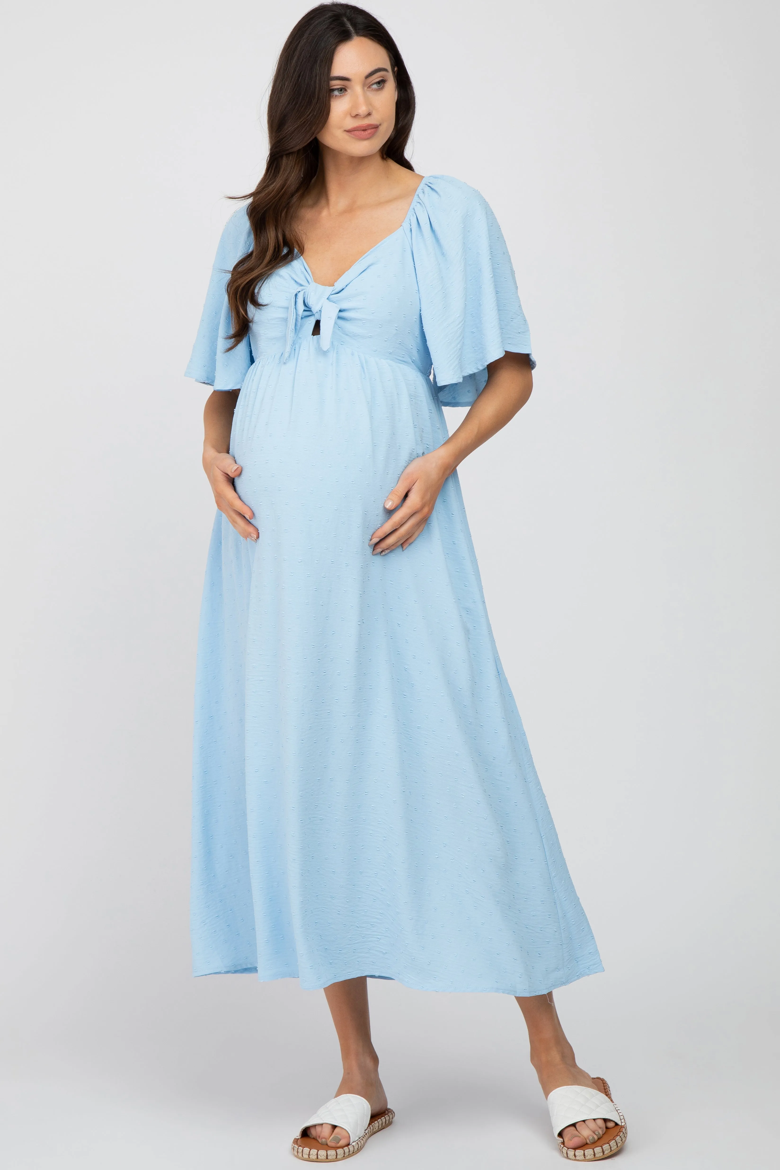 Light Blue Textured Dot Front Tie Ruffle Sleeve Maternity Midi Dress sold by Pinkblush