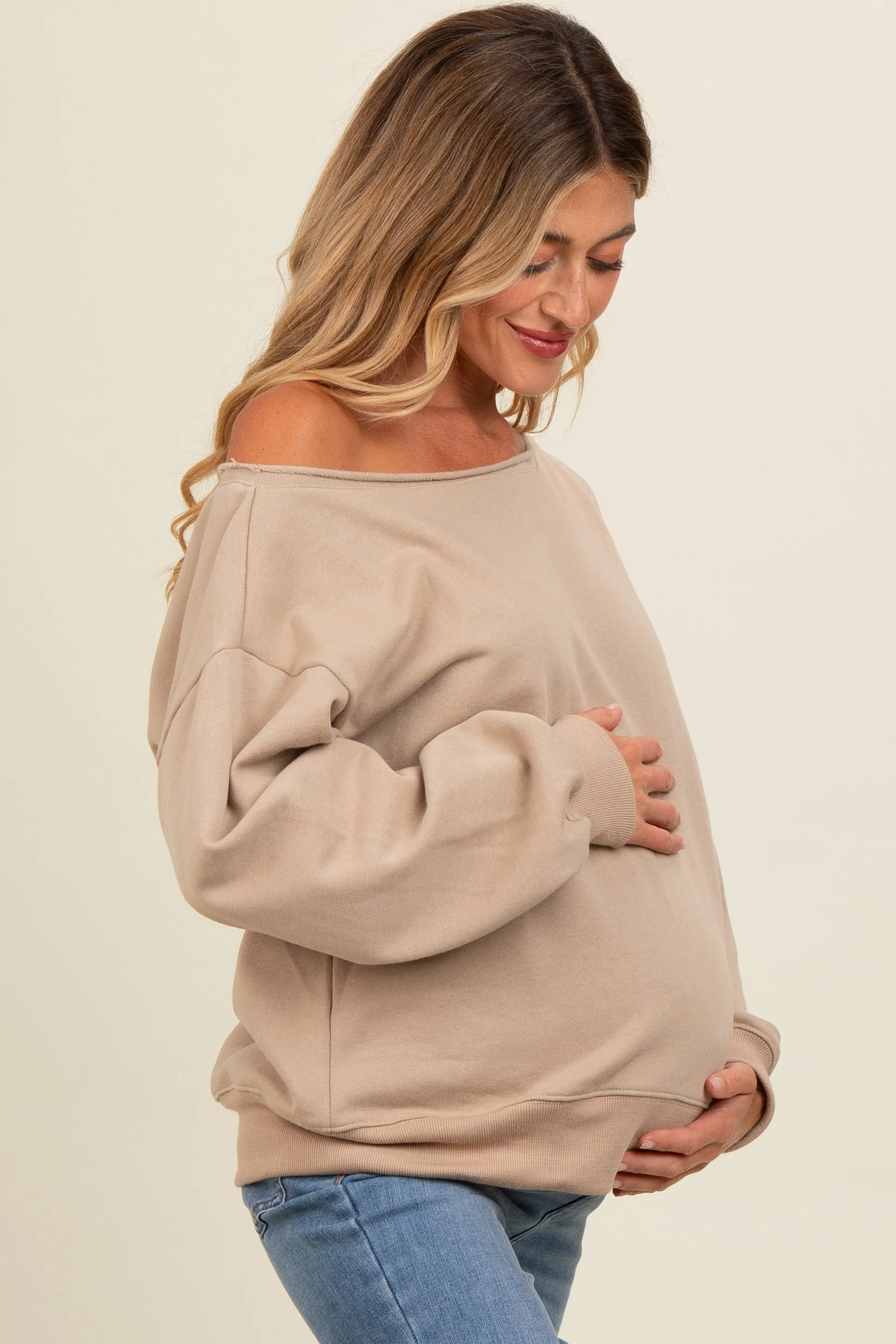 Taupe One Shoulder Maternity Sweatshirt sold by Pinkblush product image thumbnail 3