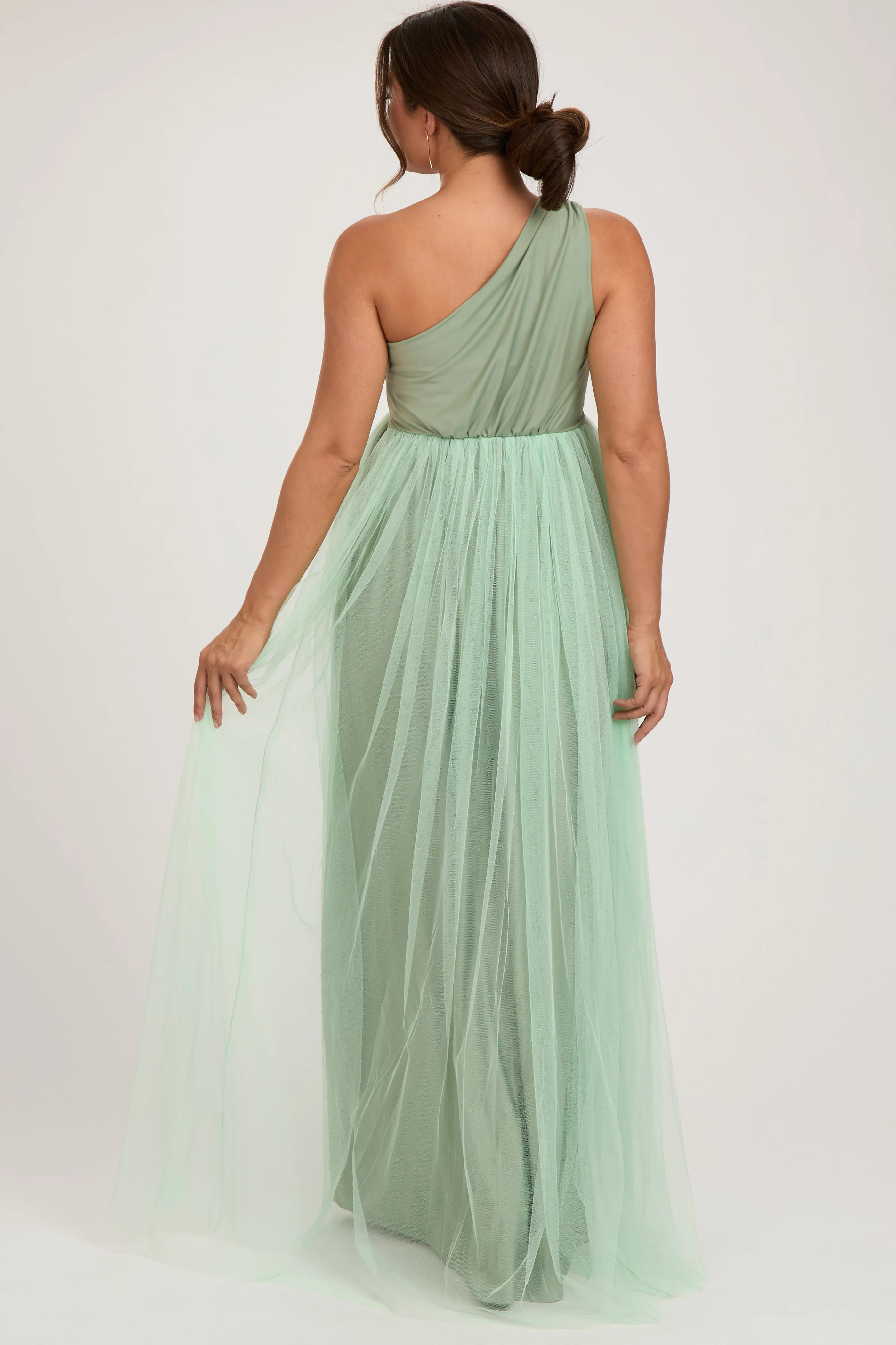 Light Olive One Shoulder Tulle Maternity Maxi Dress sold by Pinkblush product image thumbnail 3