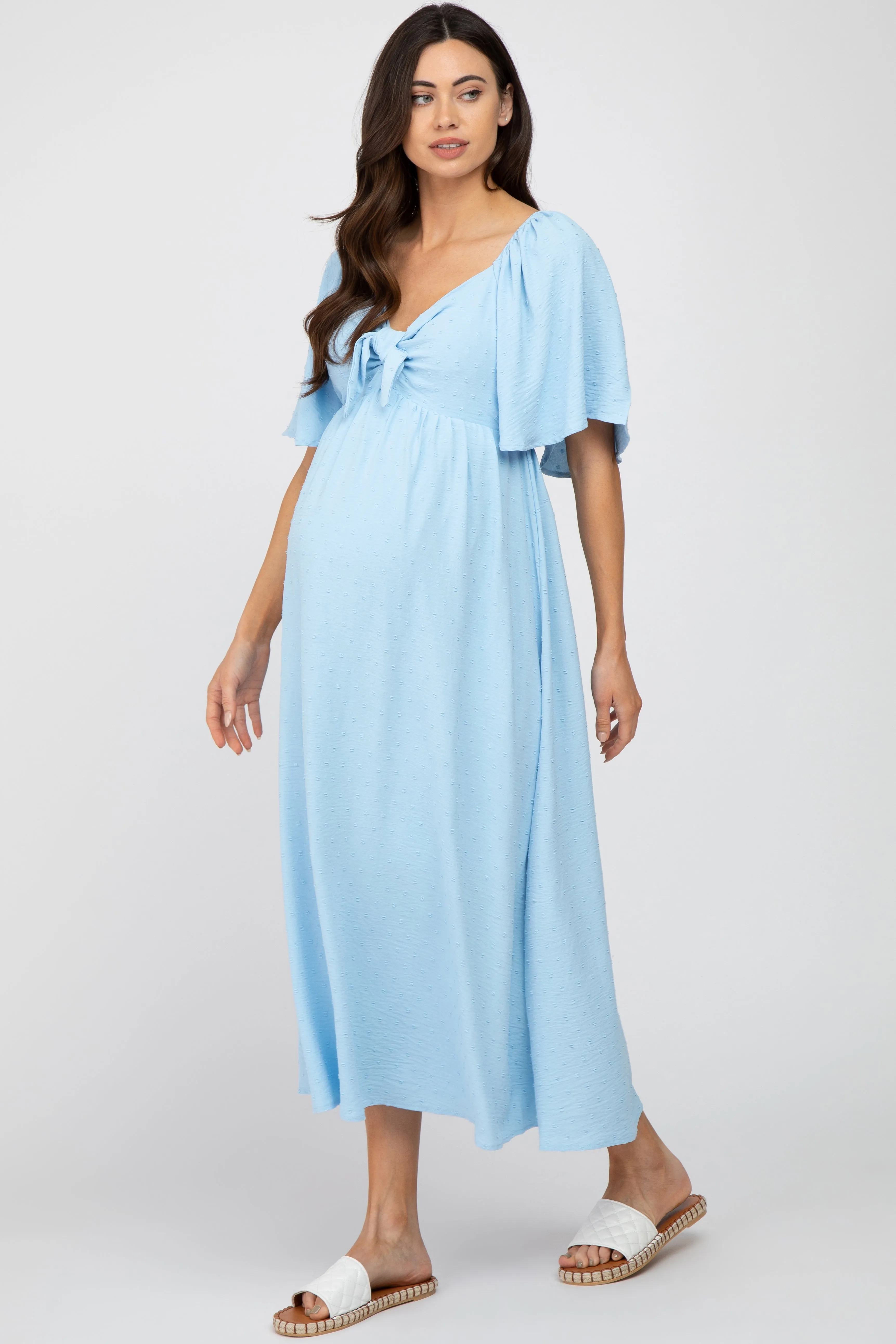 Light Blue Textured Dot Front Tie Ruffle Sleeve Maternity Midi Dress sold by Pinkblush product image thumbnail 2