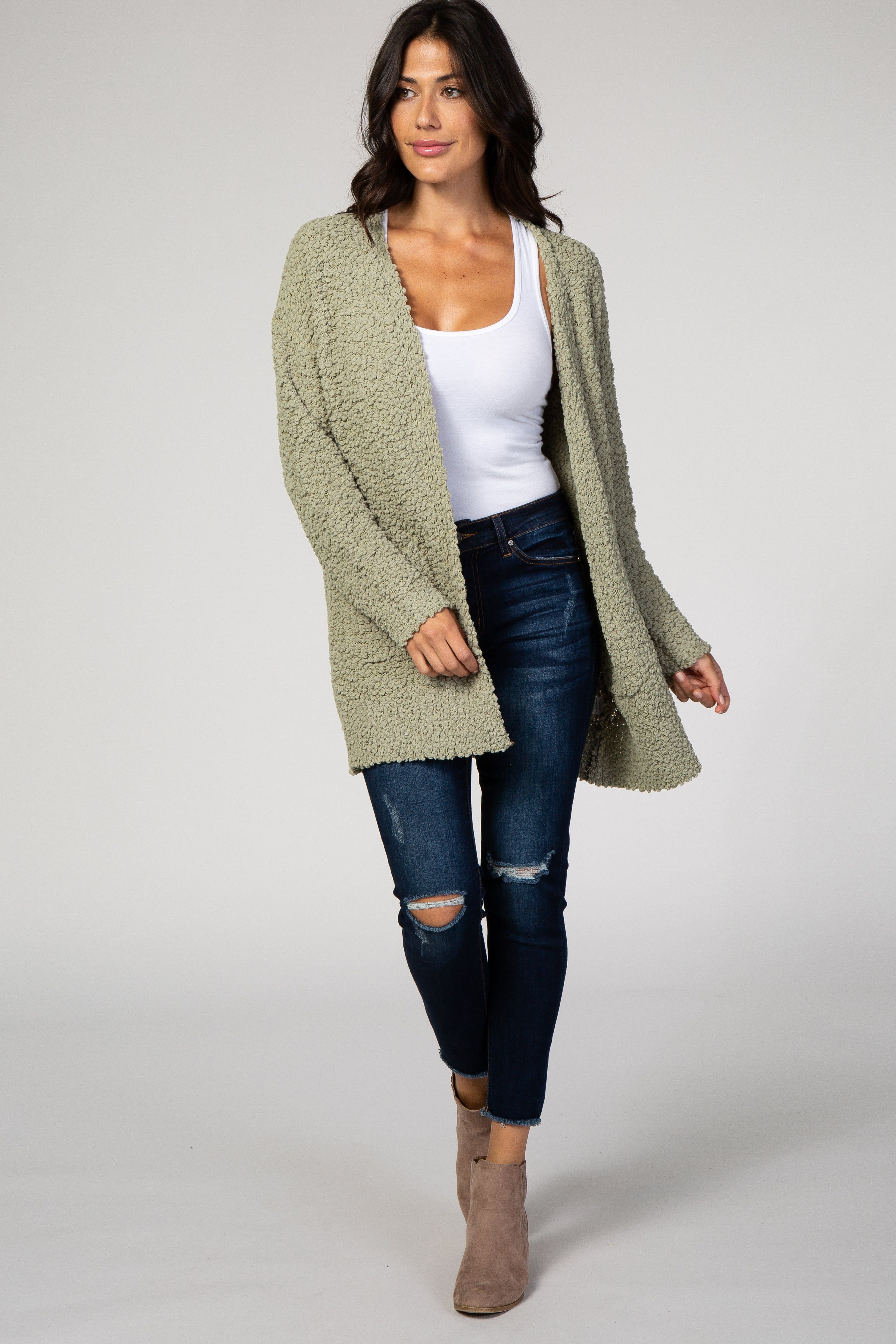 Light Olive Popcorn Knit Cardigan sold by Pinkblush