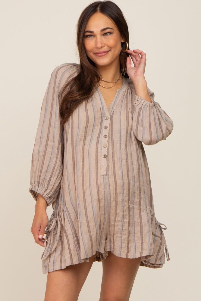 Taupe Striped Front Button Maternity Romper sold by Pinkblush product image thumbnail 2