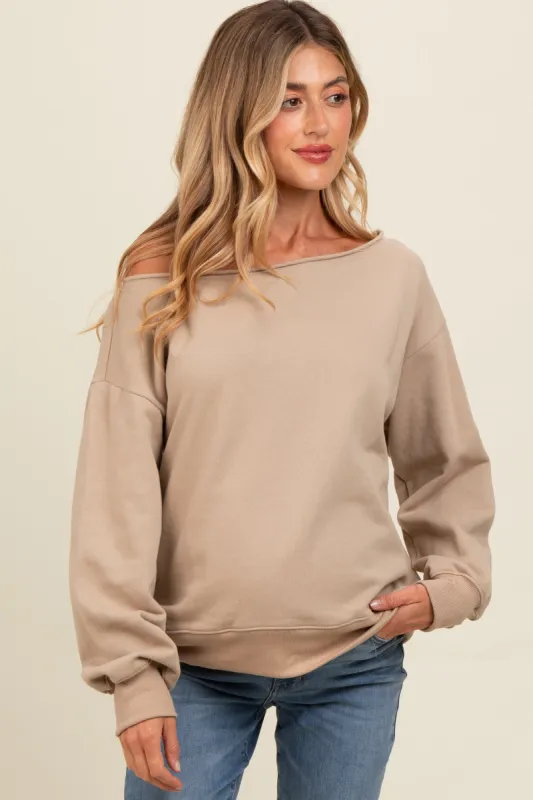 Taupe One Shoulder Maternity Sweatshirt sold by Pinkblush