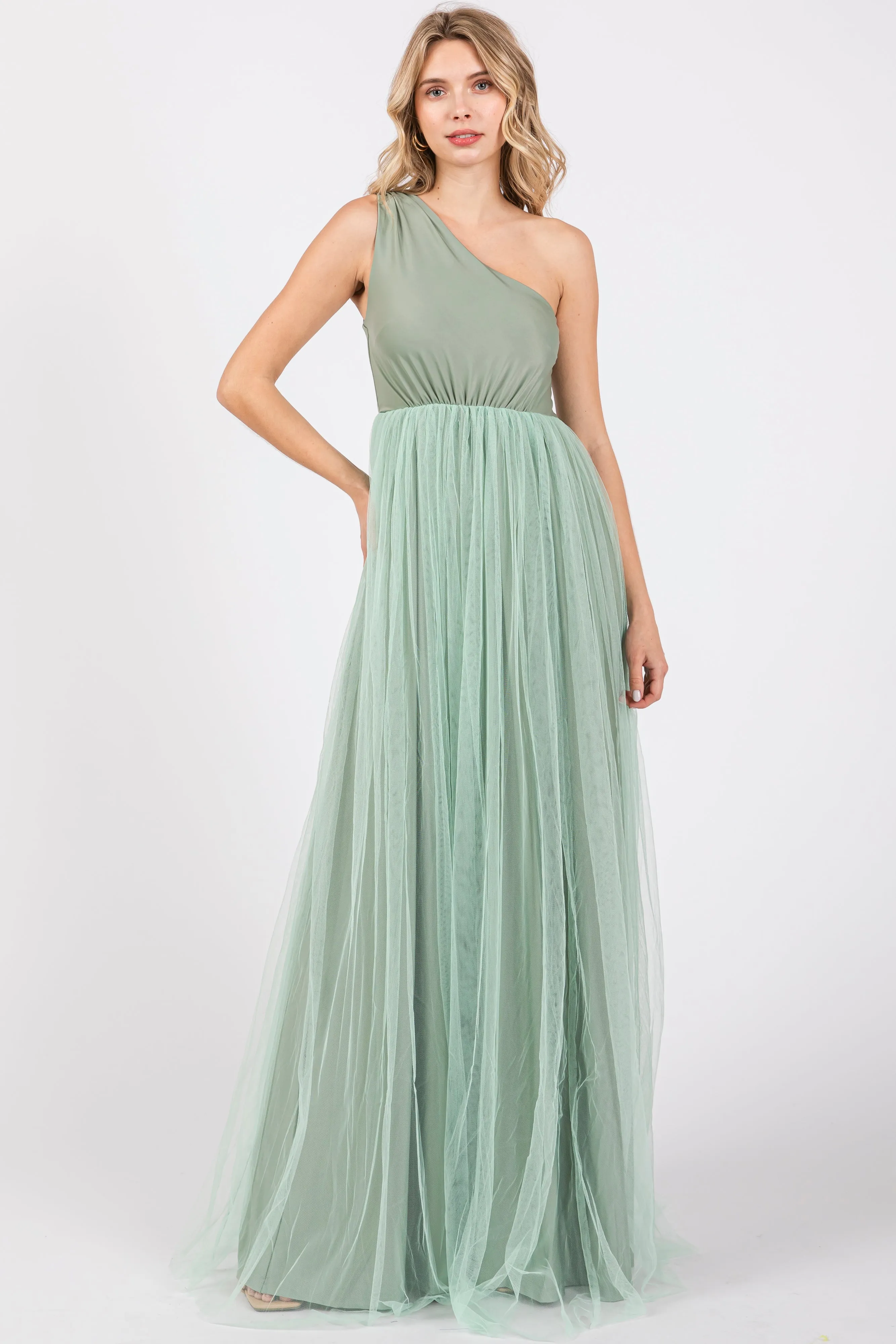 Light Olive One Shoulder Tulle Maternity Maxi Dress sold by Pinkblush product image thumbnail 4