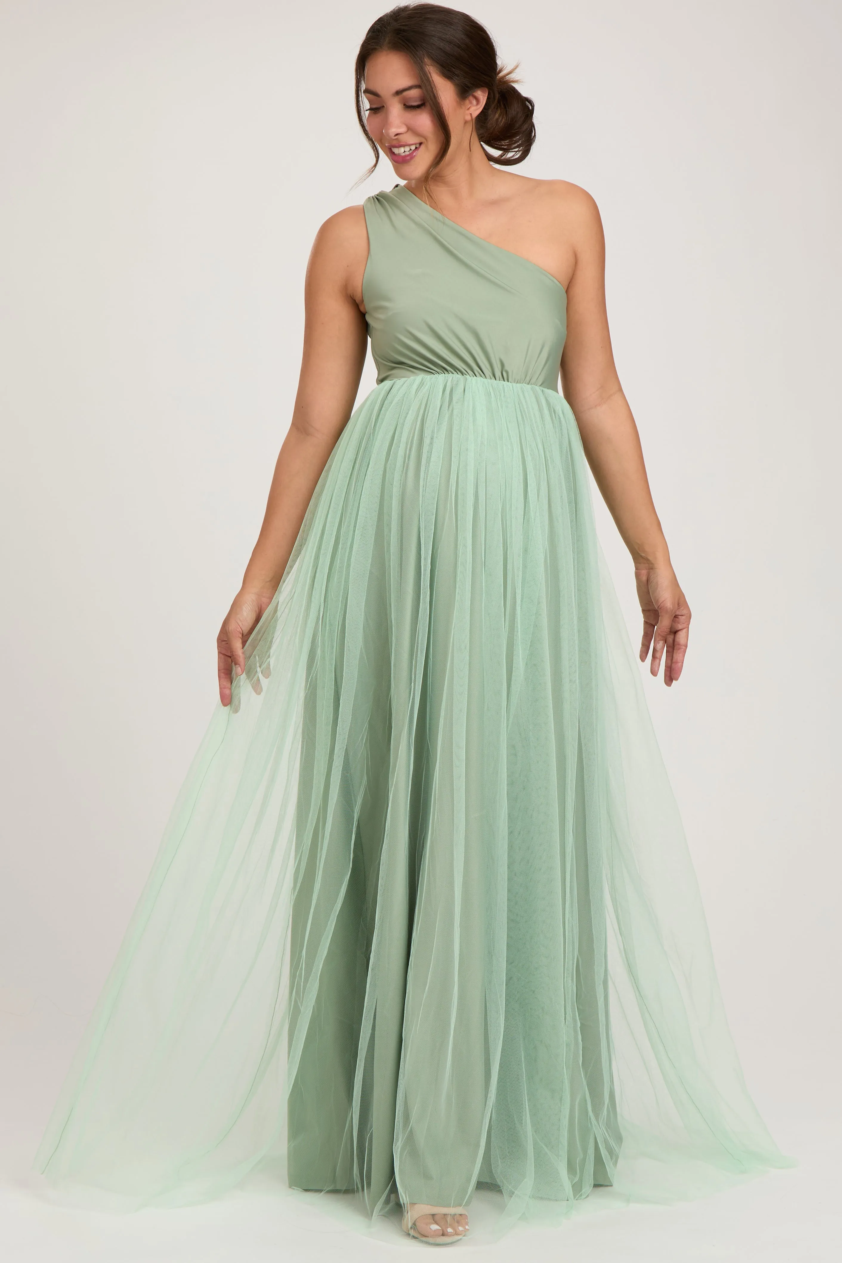 Light Olive One Shoulder Tulle Maternity Maxi Dress sold by Pinkblush