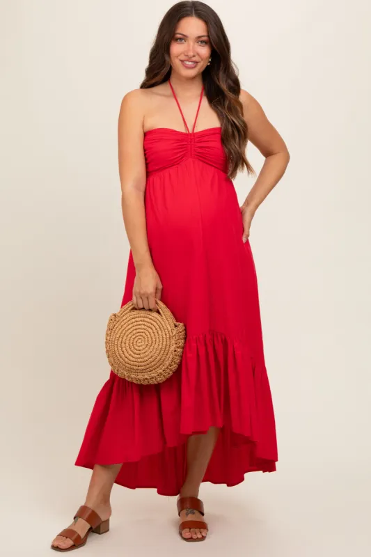 Red Halter Neck High-Low Hem Maternity Dress sold by Pinkblush