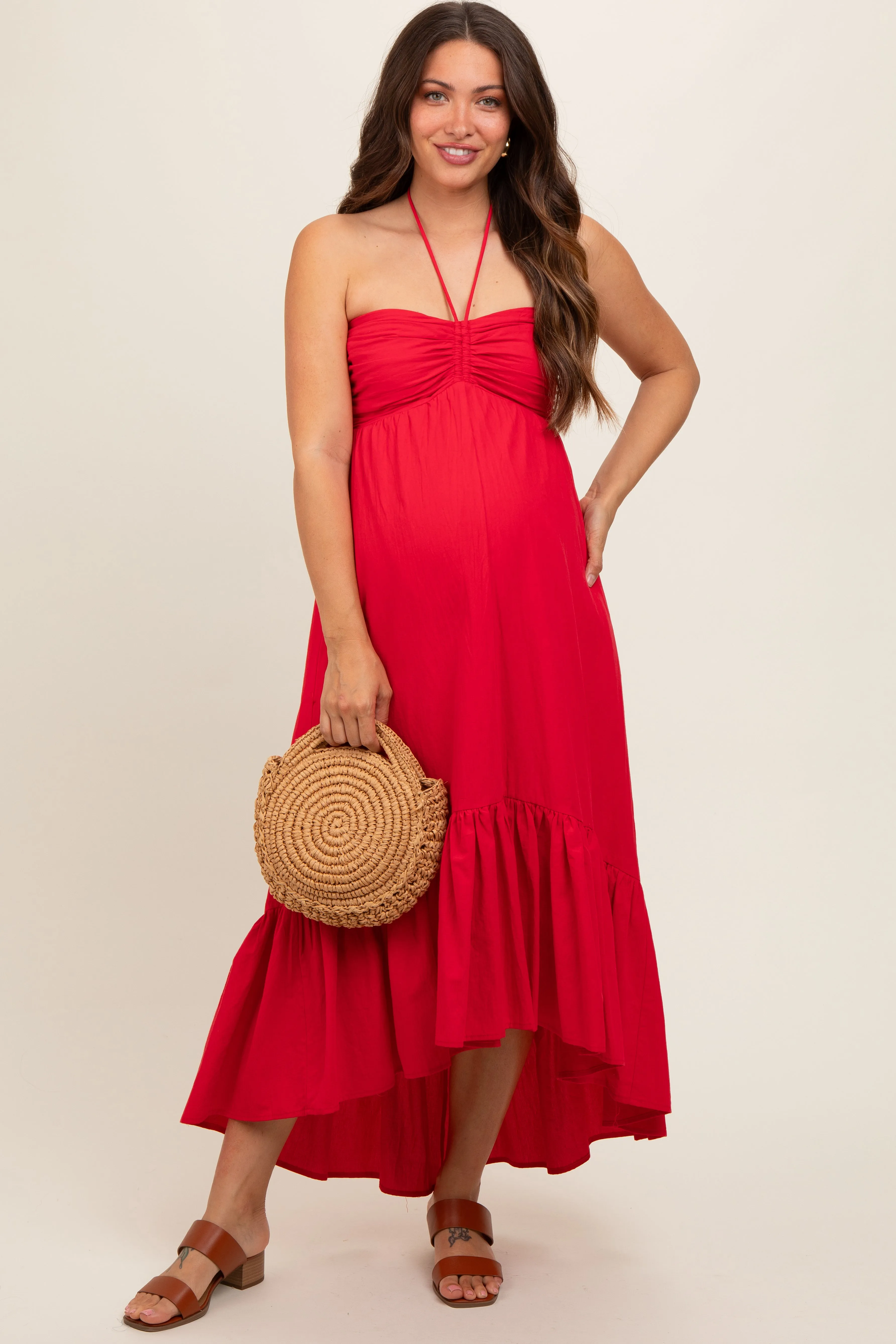 Red Halter Neck High-Low Hem Maternity Dress sold by Pinkblush