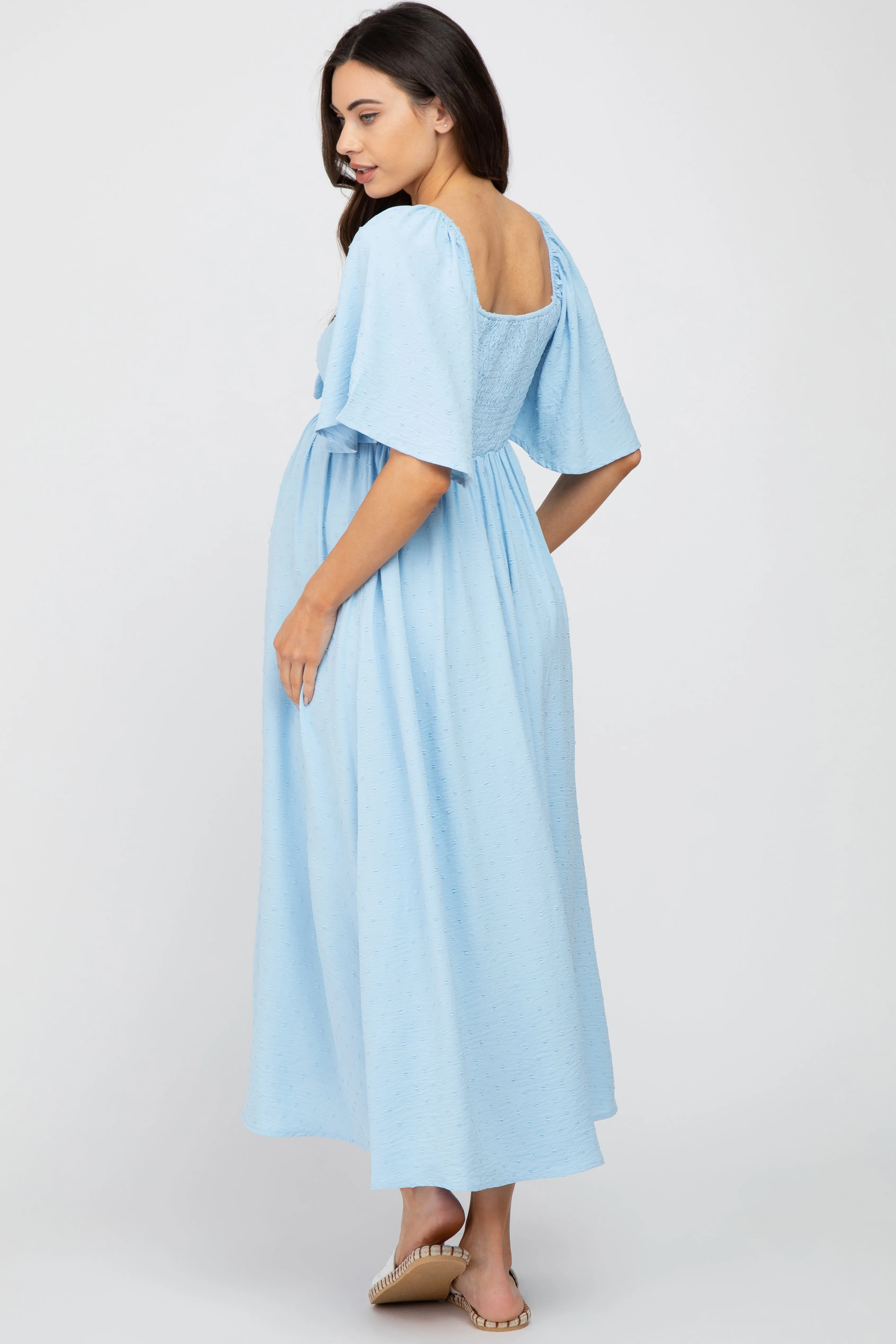Light Blue Textured Dot Front Tie Ruffle Sleeve Maternity Midi Dress sold by Pinkblush product image thumbnail 3
